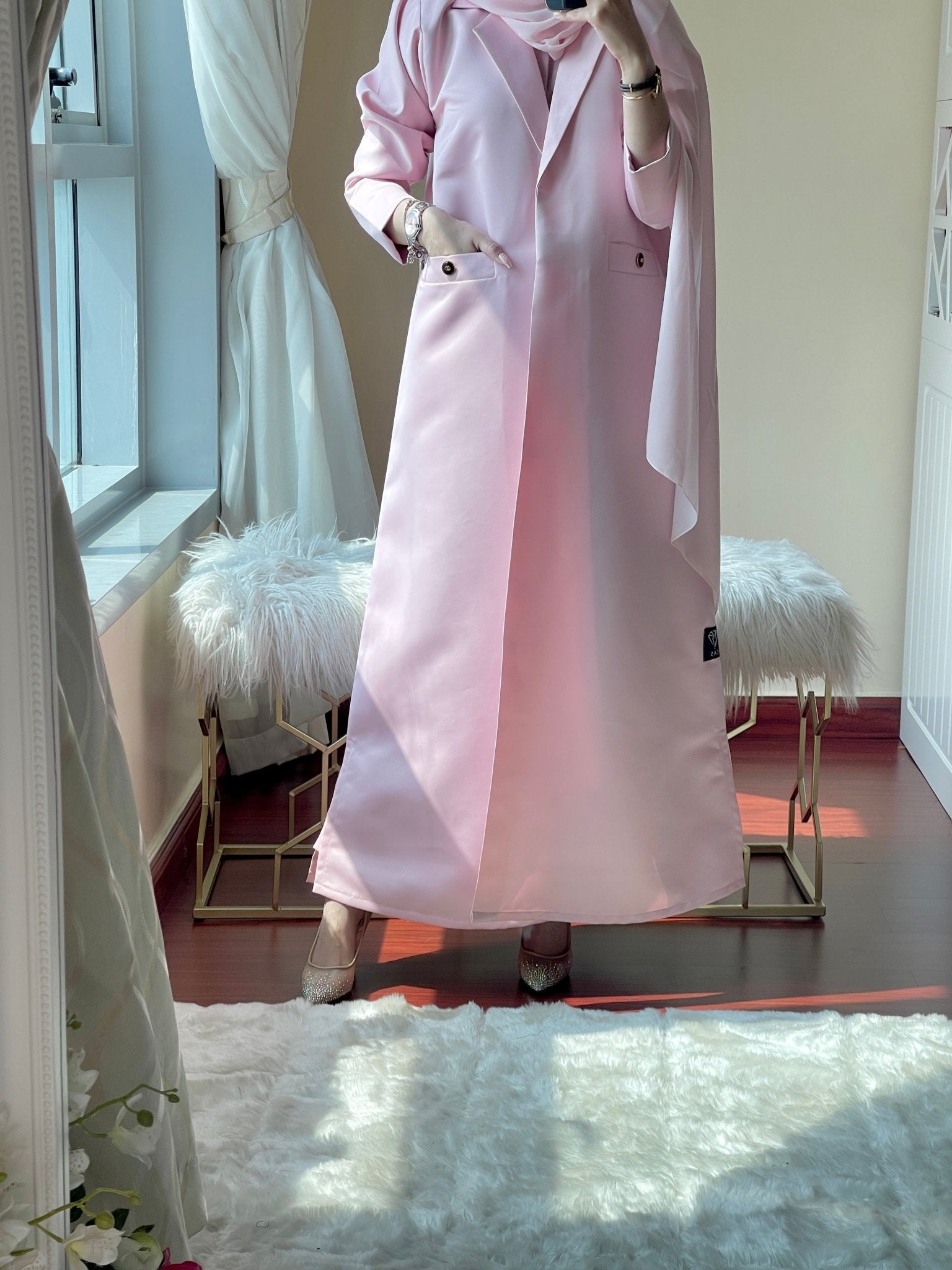 C - Pink - Satin - Coat - Abaya - Set