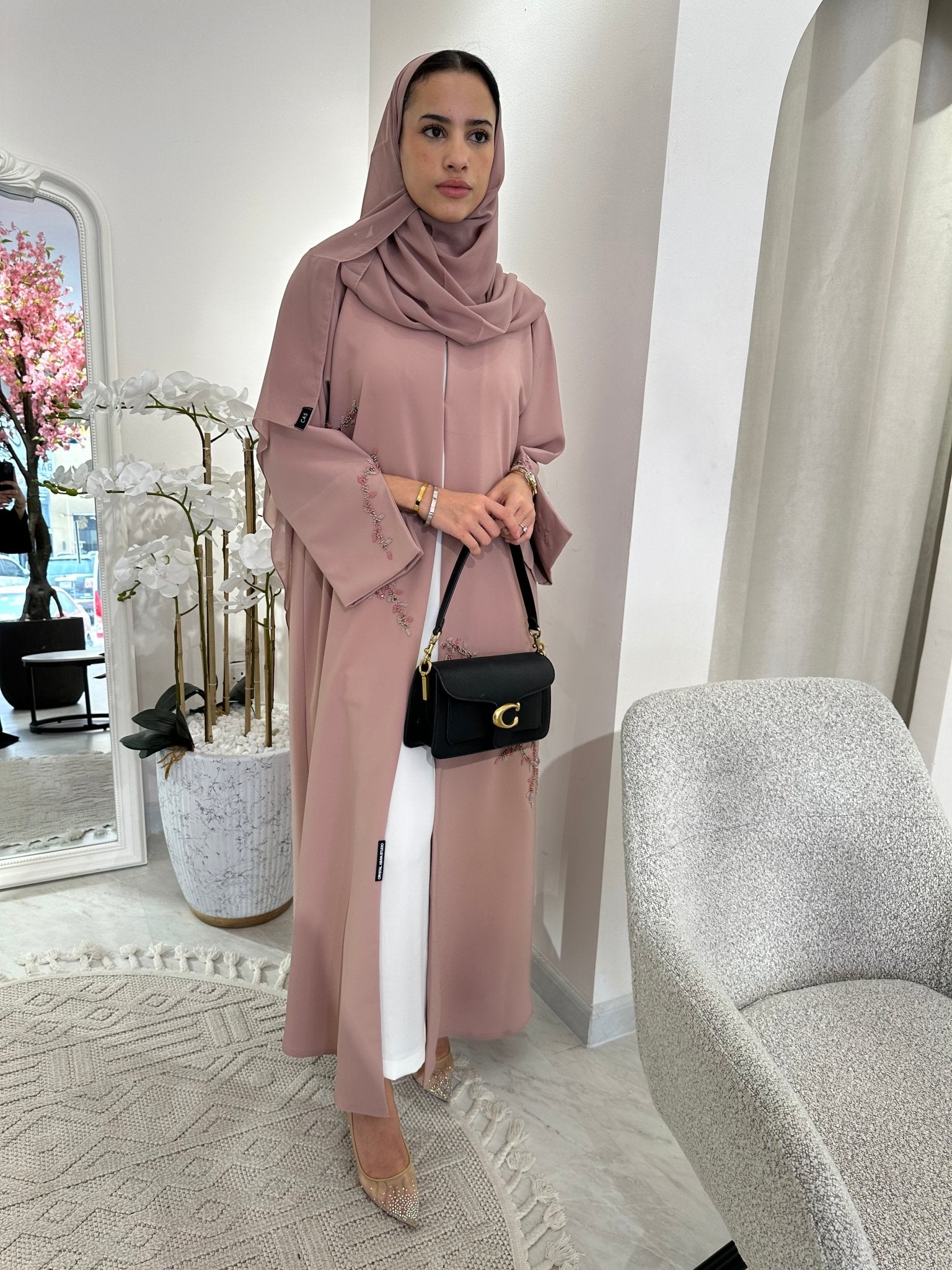 C Pink Silver Beaded Eid Abaya