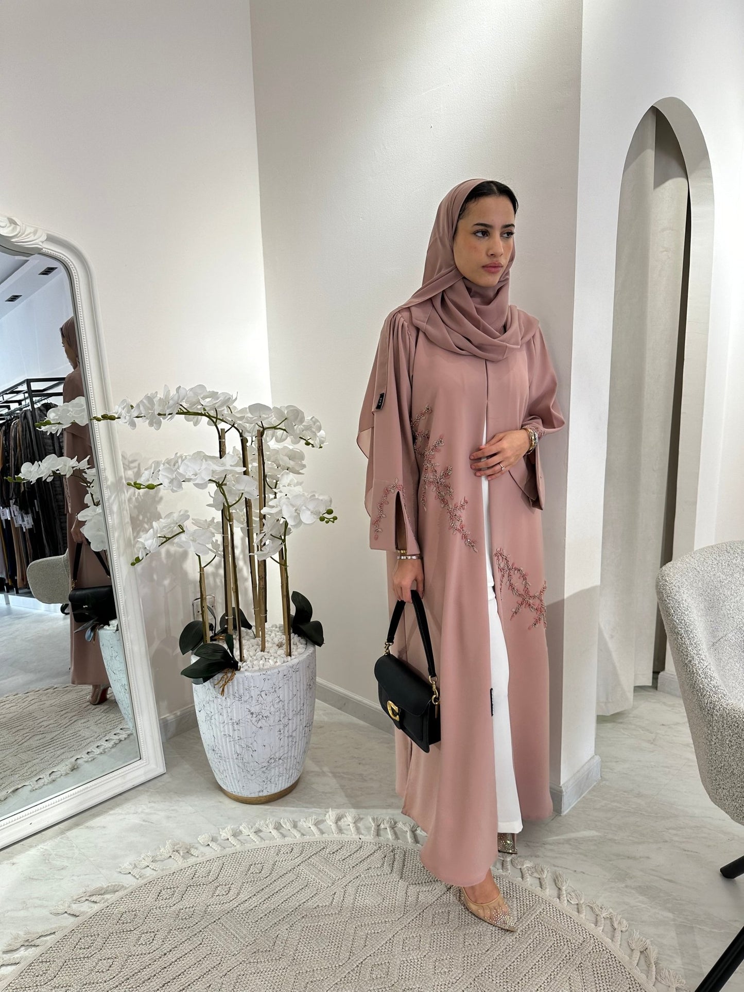 C Pink Silver Beaded Eid Abaya