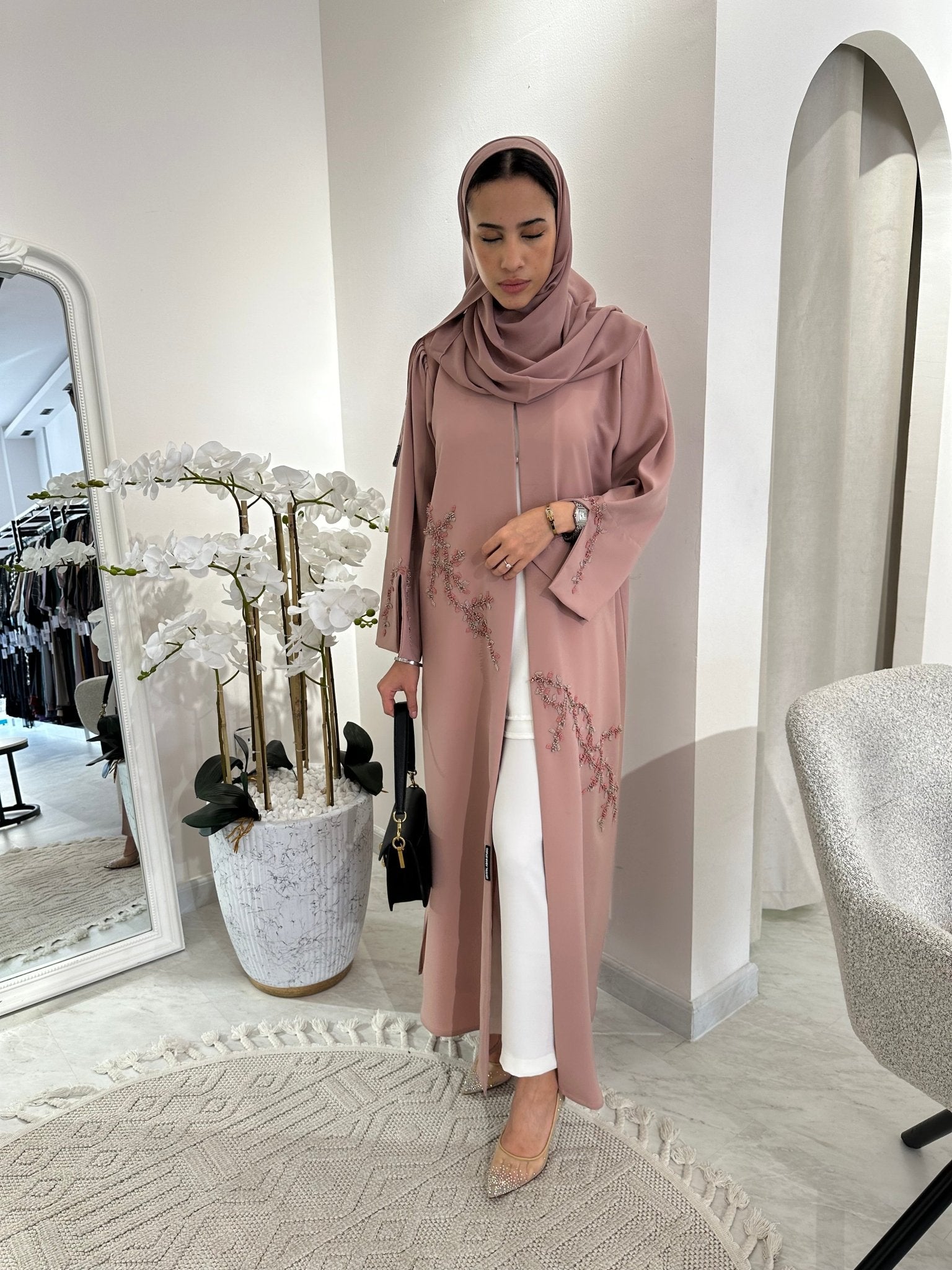 C Pink Silver Beaded Eid Abaya