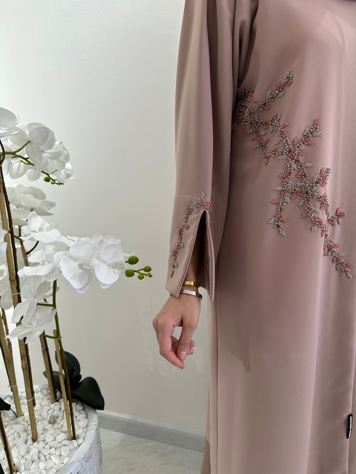 C Pink Silver Beaded Eid Abaya