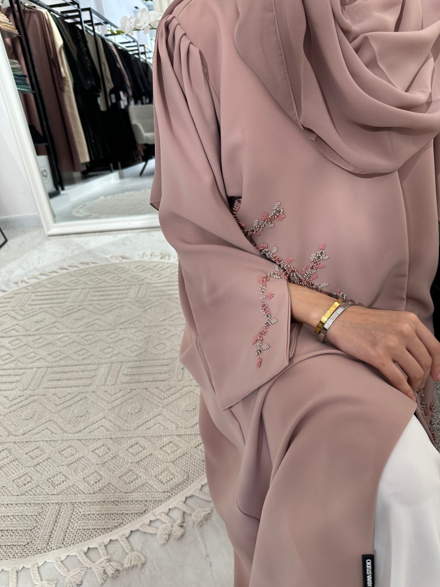 C Pink Silver Beaded Eid Abaya