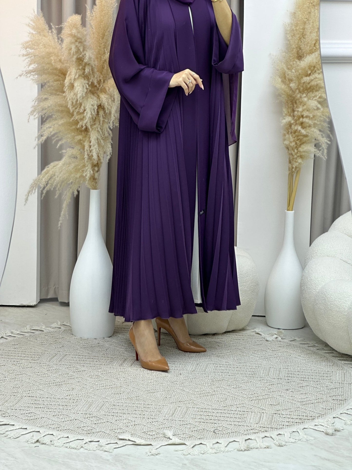 C Plain Light Purple Pleated Abaya Set