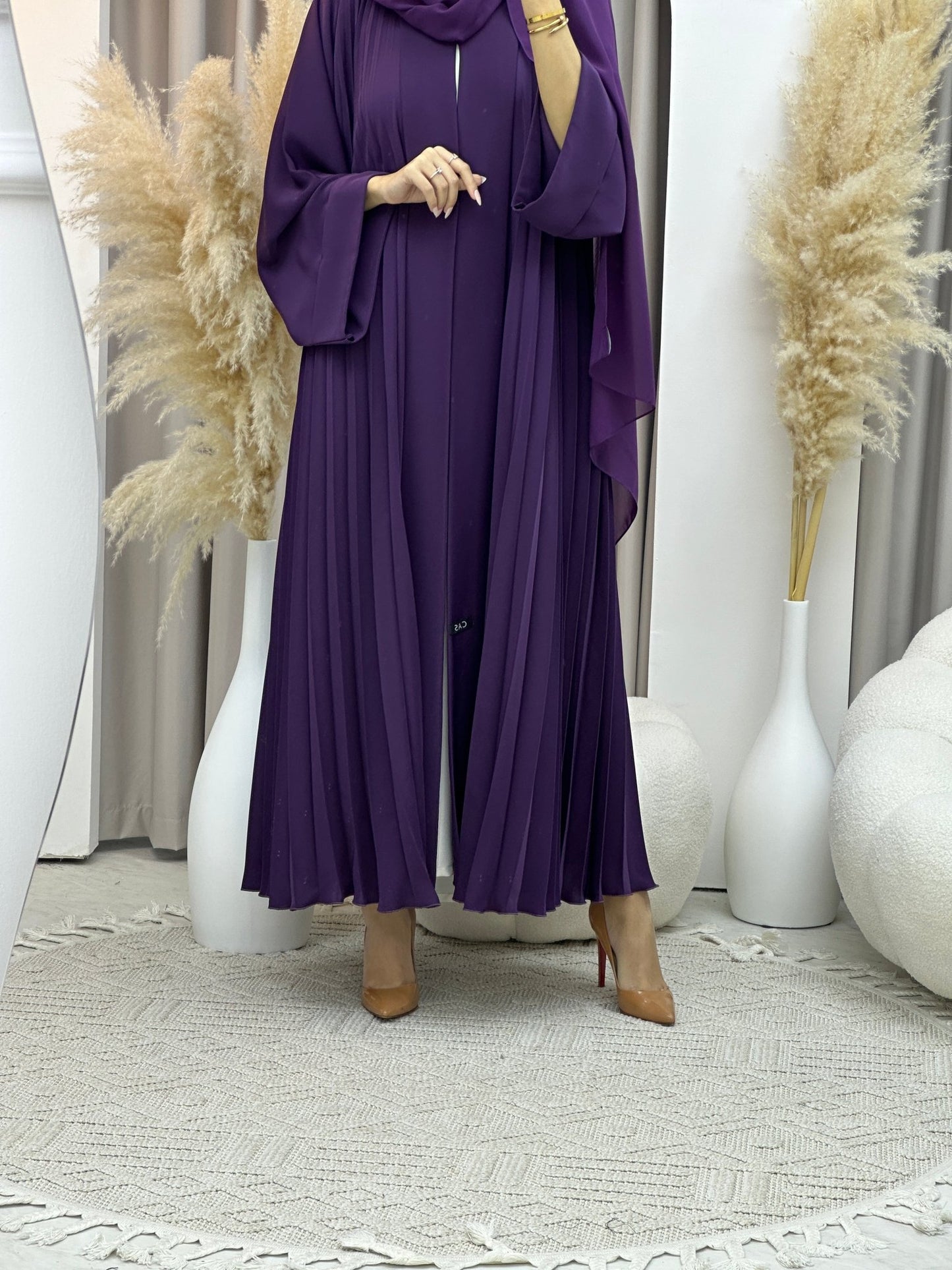 C Plain Light Purple Pleated Abaya Set