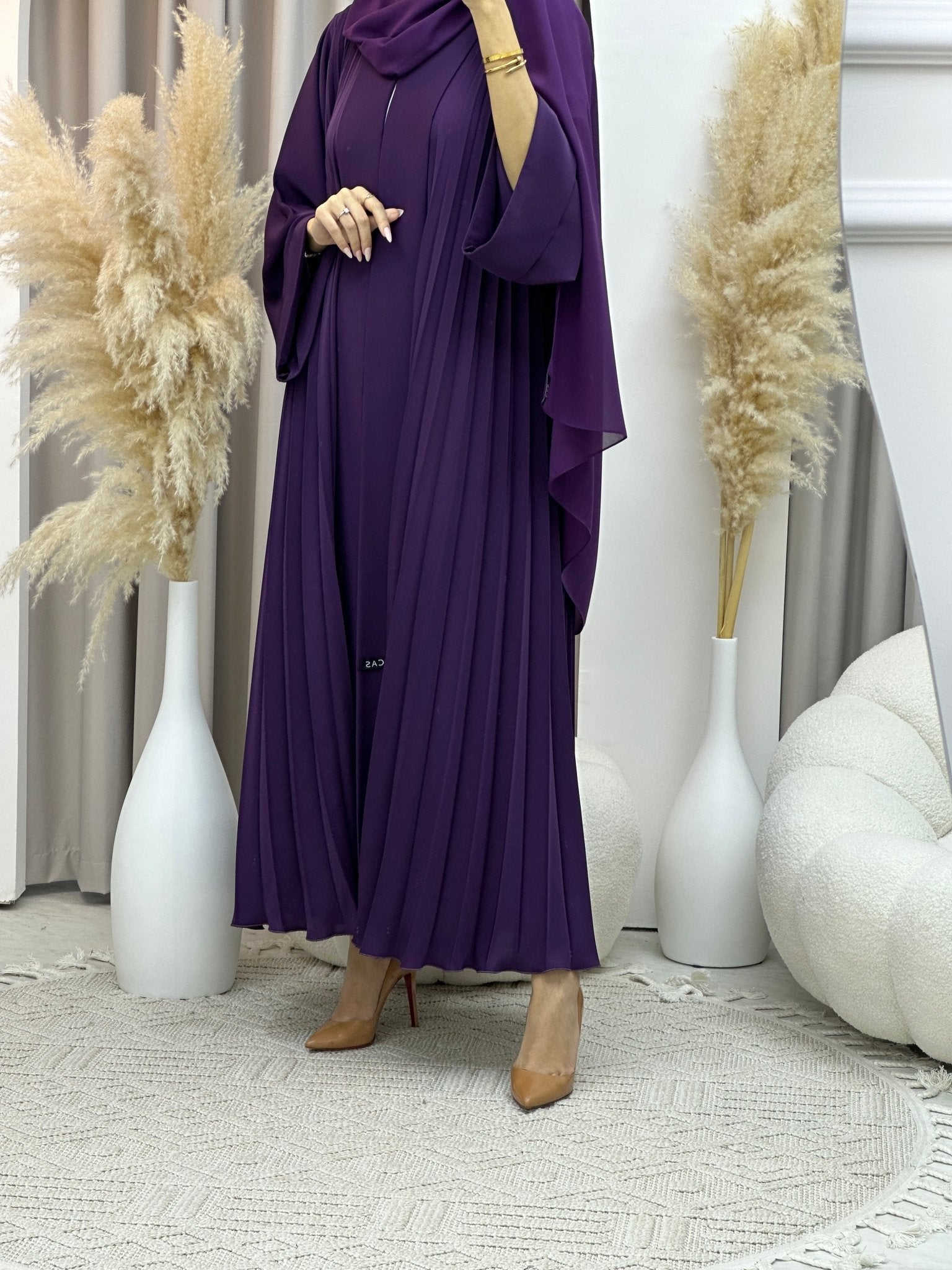 C Plain Light Purple Pleated Abaya Set