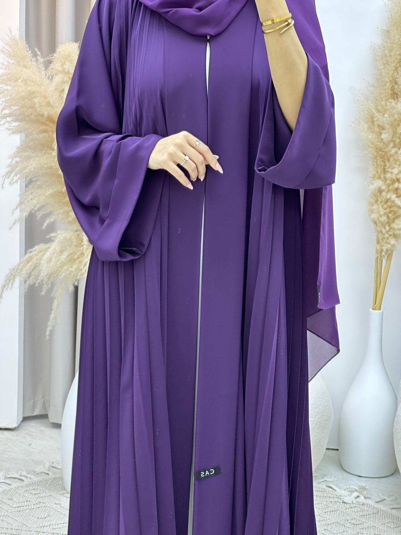 C Plain Light Purple Pleated Abaya Set