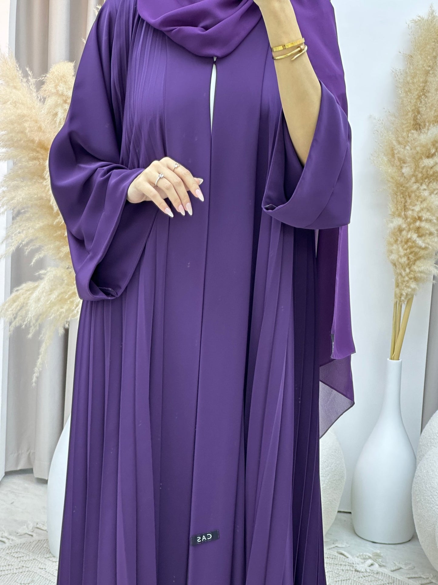 C Plain Light Purple Pleated Abaya Set