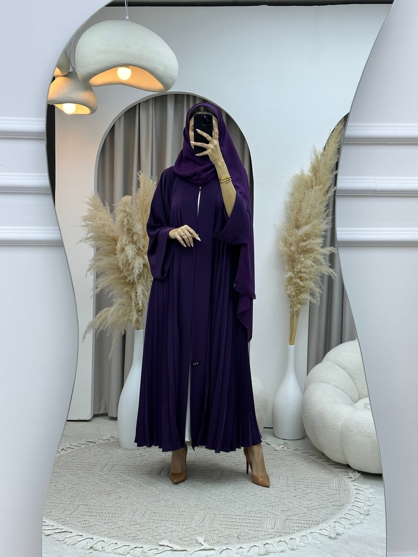 C Plain Light Purple Pleated Abaya Set