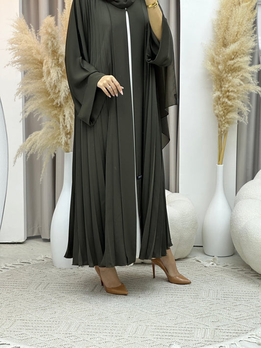 C Plain Olive Green Pleated Abaya Set