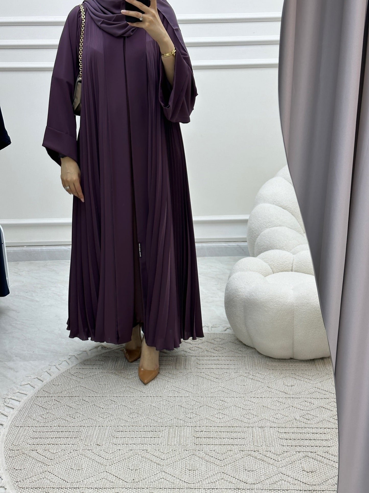 C Plain Purple Pleated Abaya Set