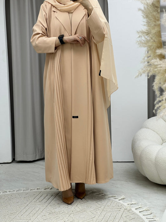 C Pleated Beige Abaya Coat Set