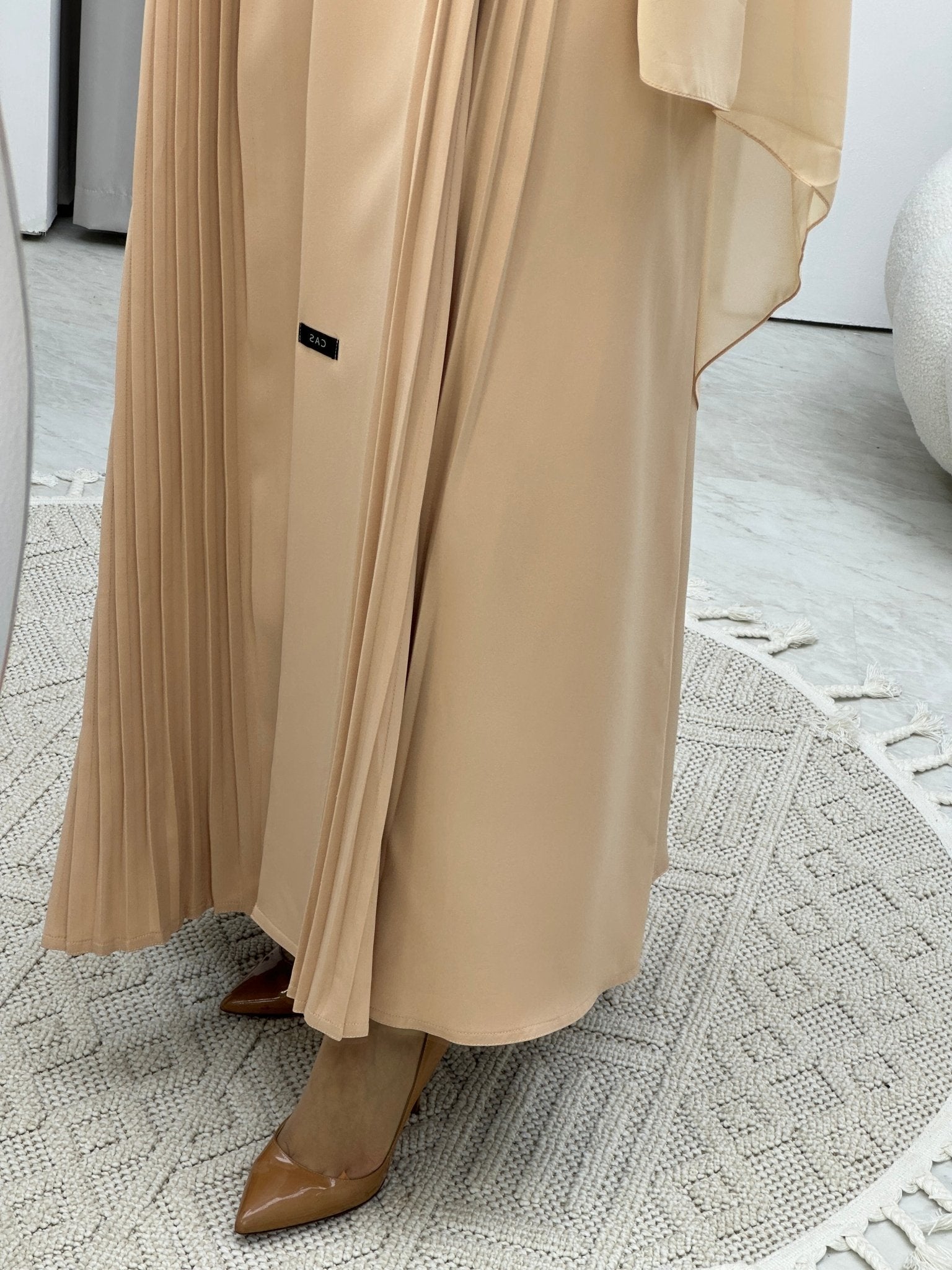 C Pleated Beige Abaya Coat Set