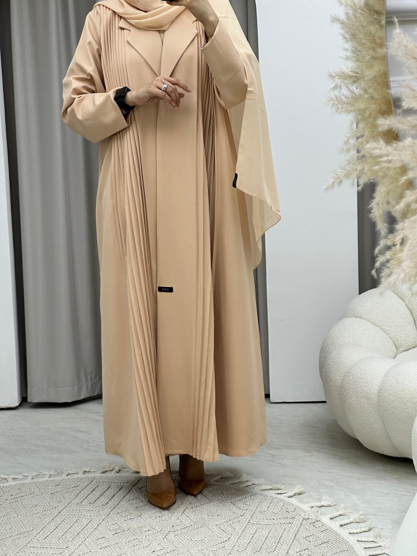 C Pleated Beige Abaya Coat Set