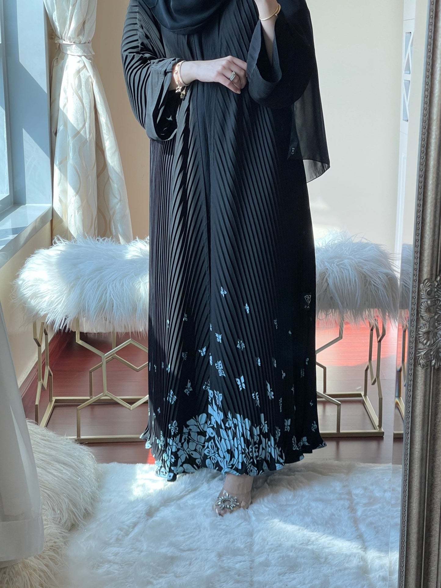 C - Pleated - Black - Blue - Butterflies - Abaya