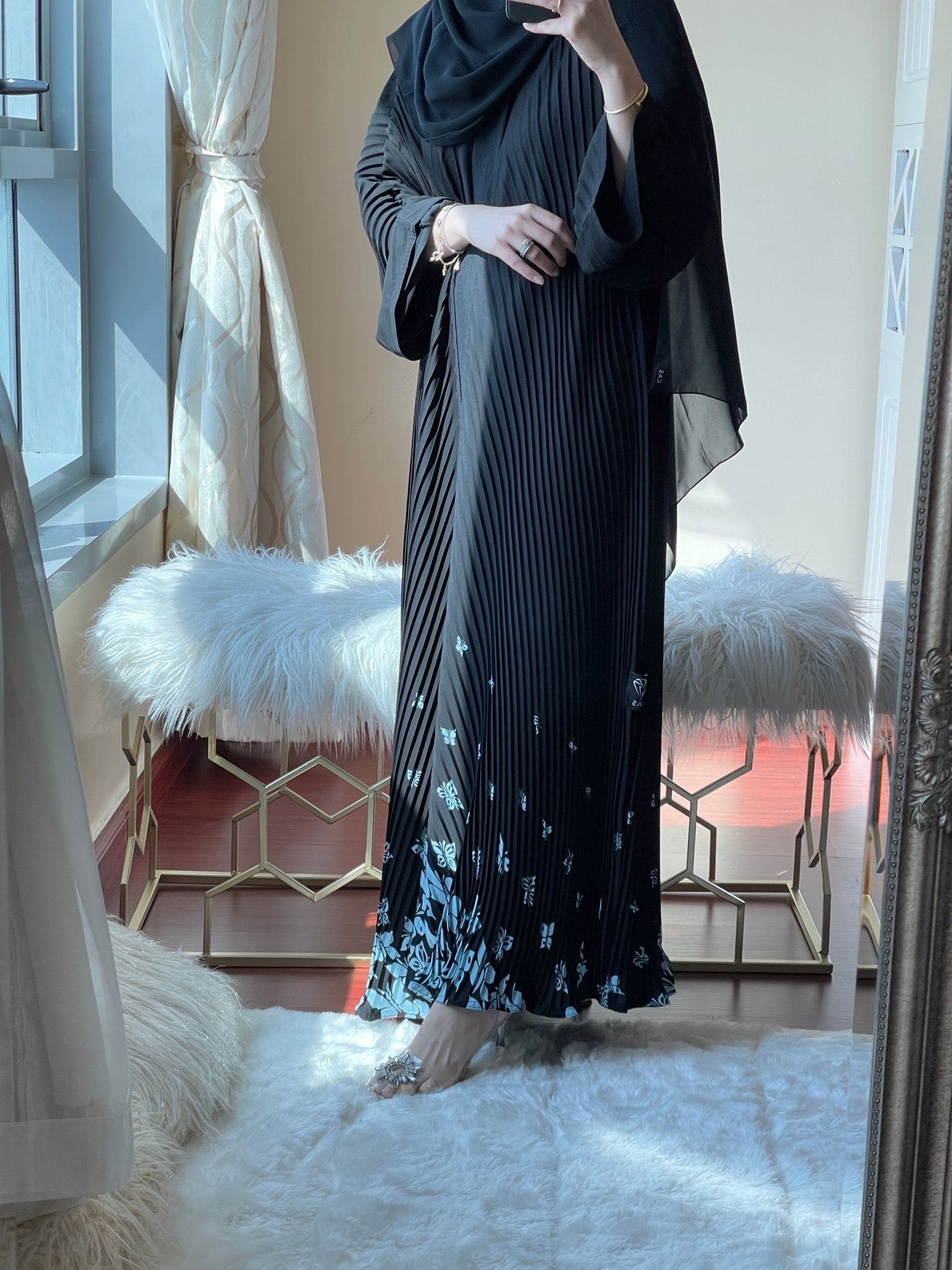 C - Pleated - Black - Blue - Butterflies - Abaya