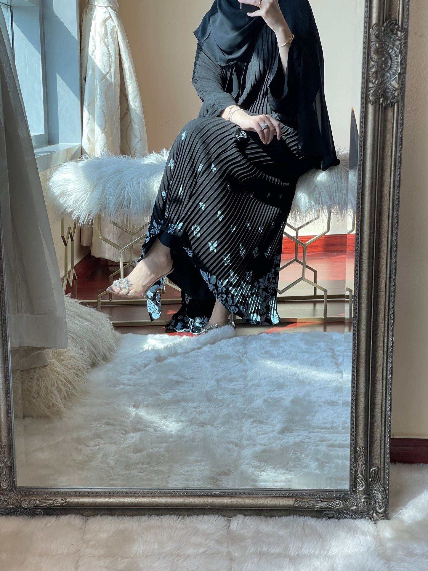 C - Pleated - Black - Blue - Butterflies - Abaya