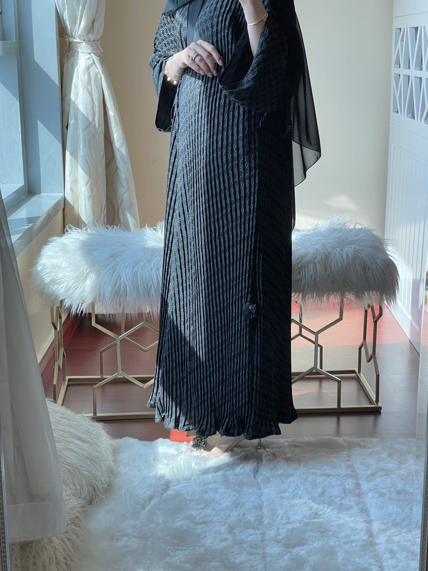 C - Pleated - Black - Grey - Geometric - Abaya