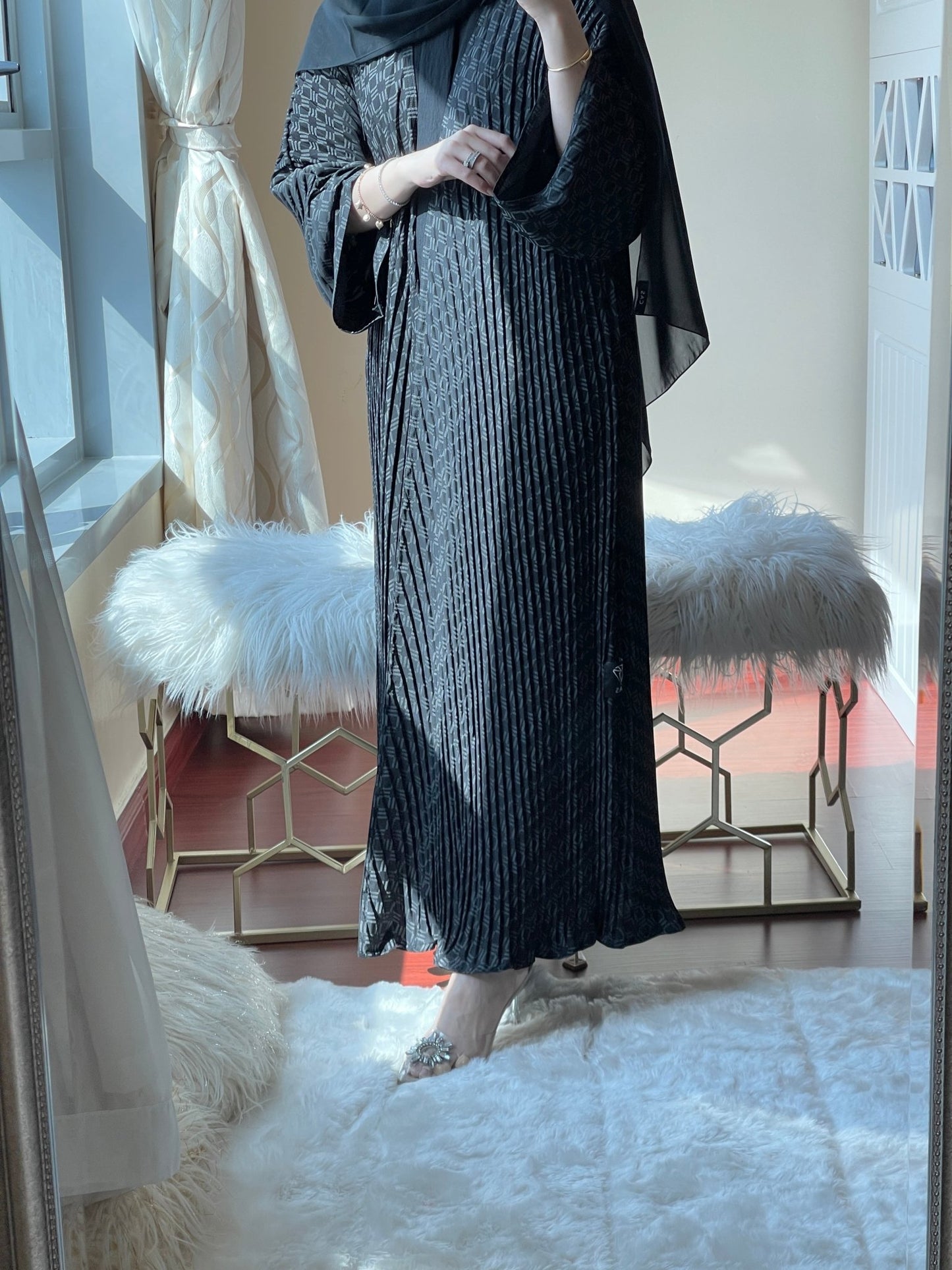 C - Pleated - Black - Grey - Geometric - Abaya