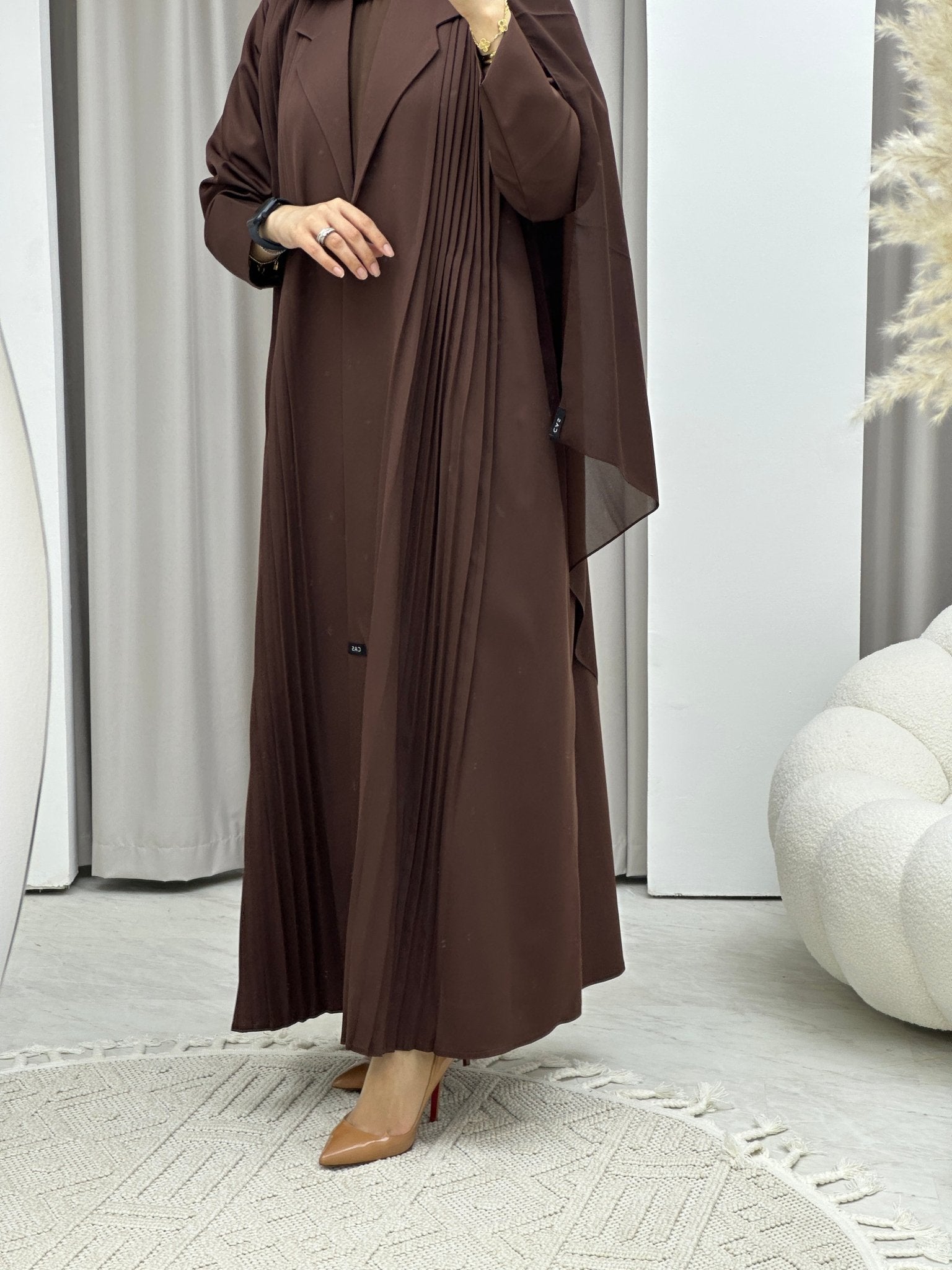 C Pleated Brown Abaya Coat Set