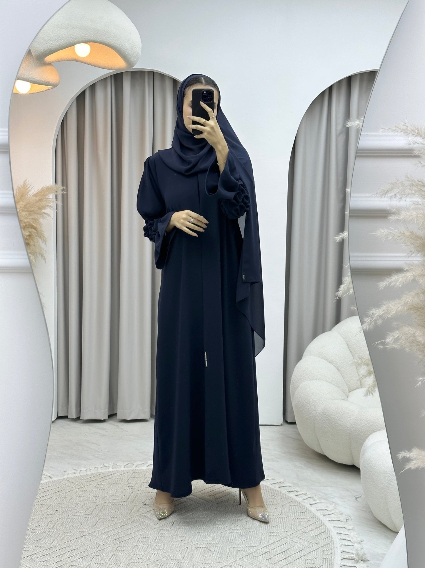 C Pleated Sleeves Navy Blue Abaya Set