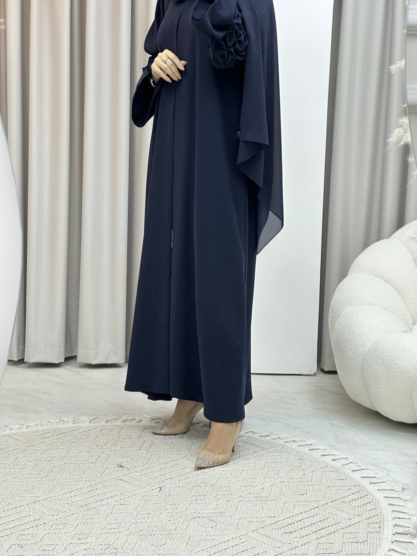 C Pleated Sleeves Navy Blue Abaya Set