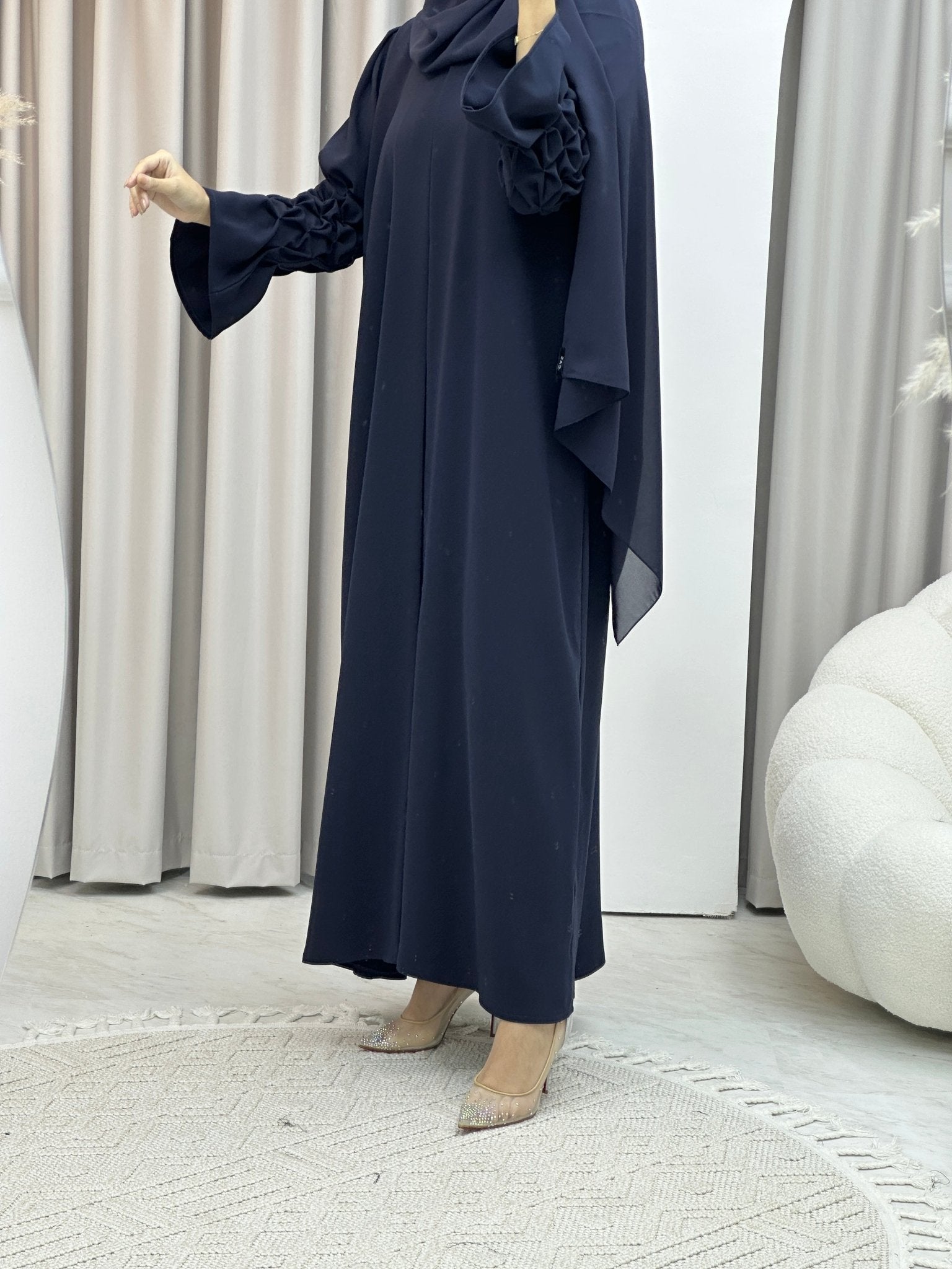 C Pleated Sleeves Navy Blue Abaya Set