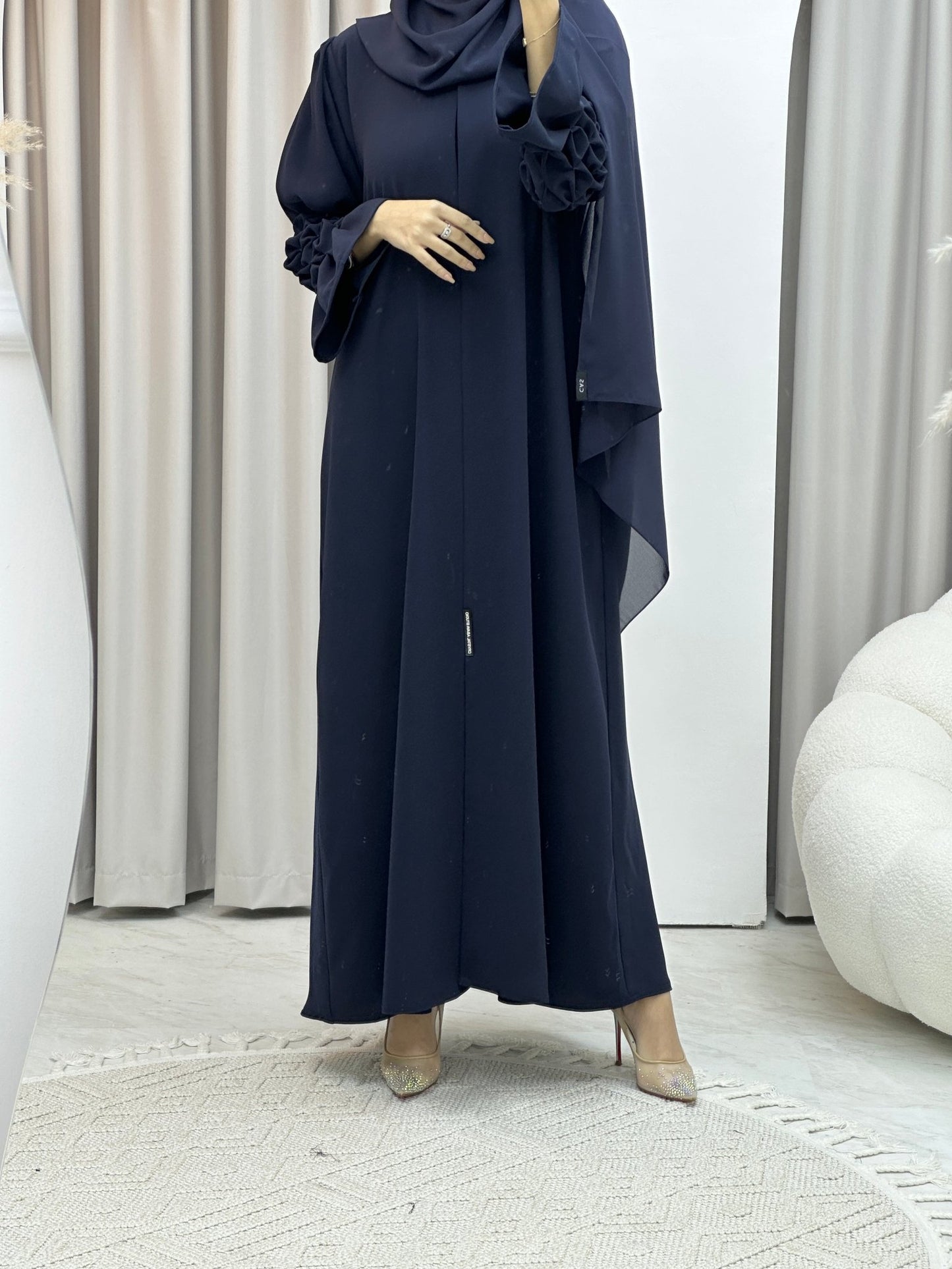 C Pleated Sleeves Navy Blue Abaya Set