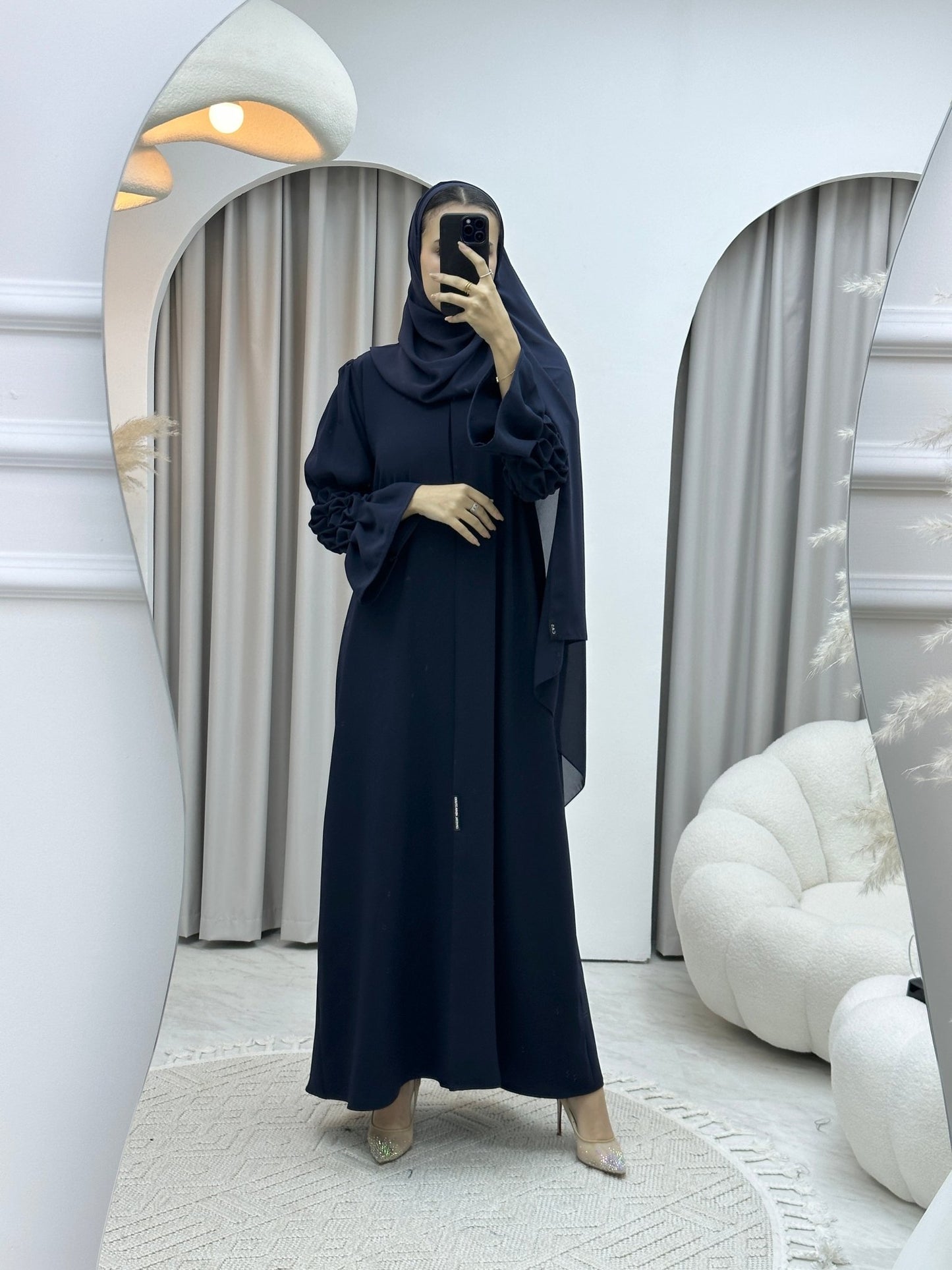 C Pleated Sleeves Navy Blue Abaya Set