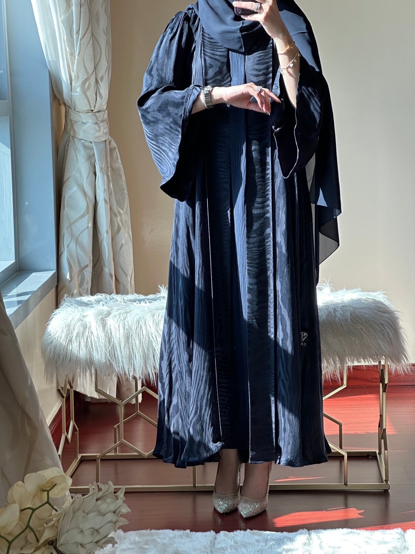 C - Printed Blue Jacquard Abaya Set