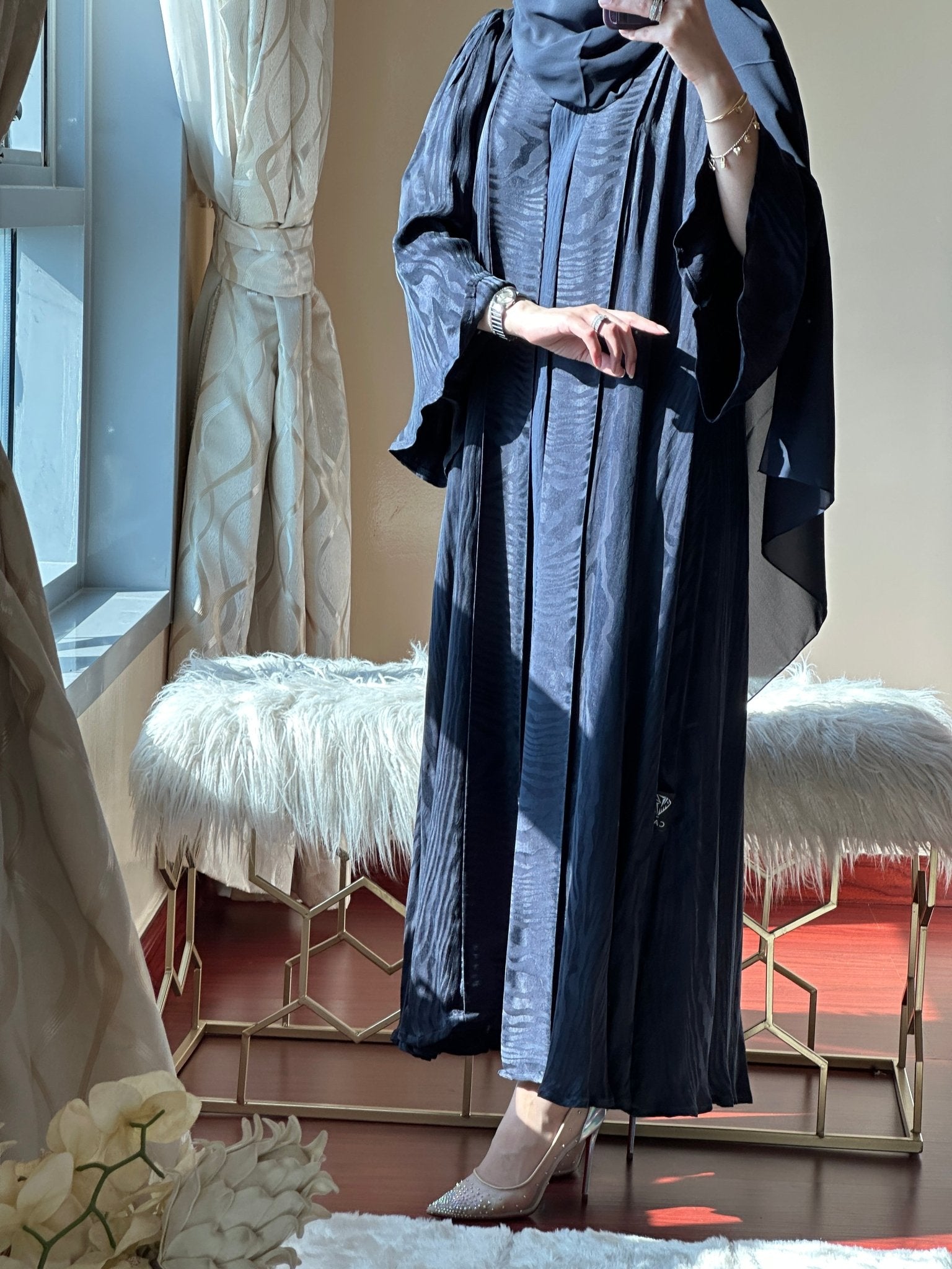 C - Printed Blue Jacquard Abaya Set