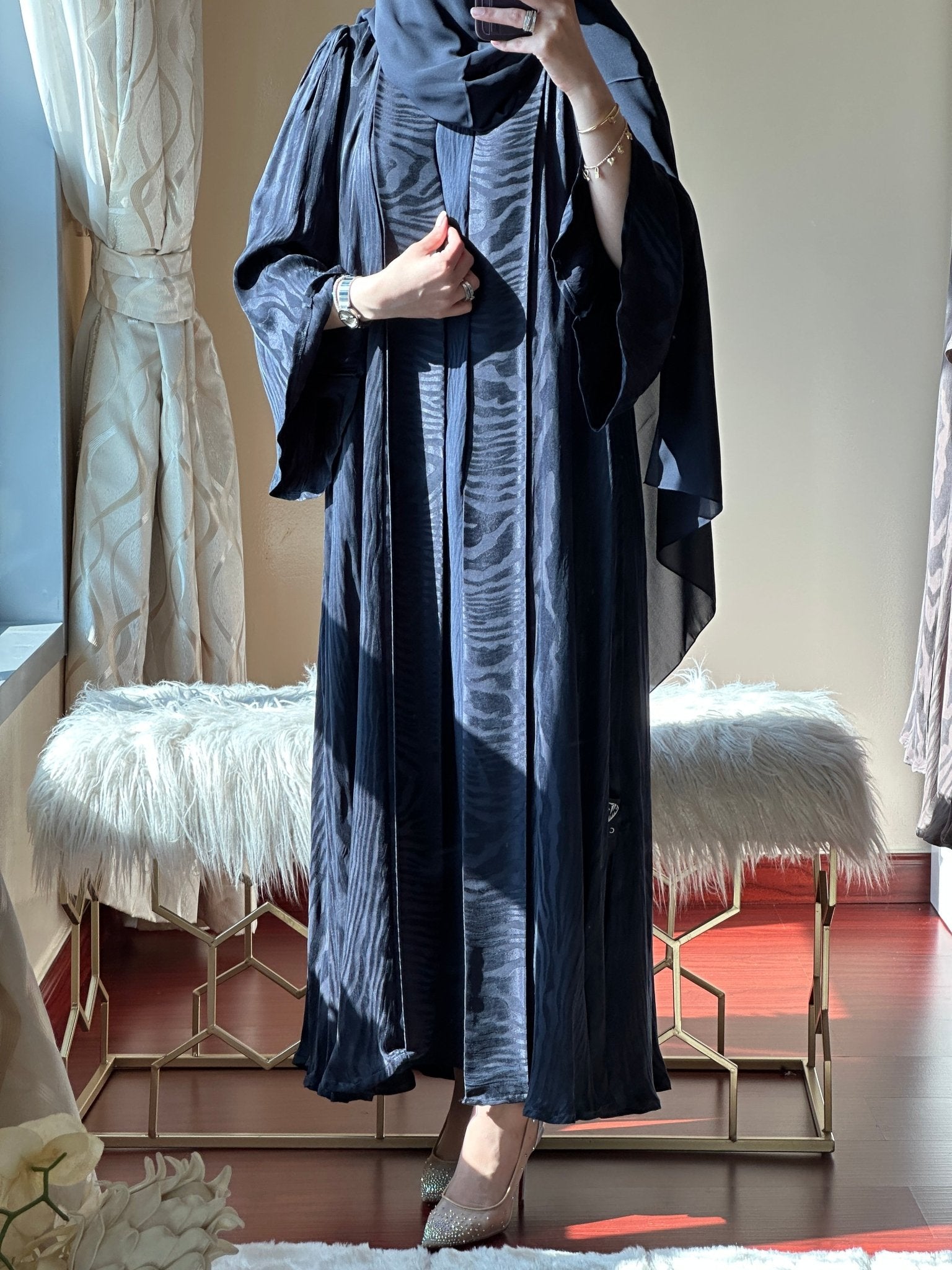 C - Printed Blue Jacquard Abaya Set