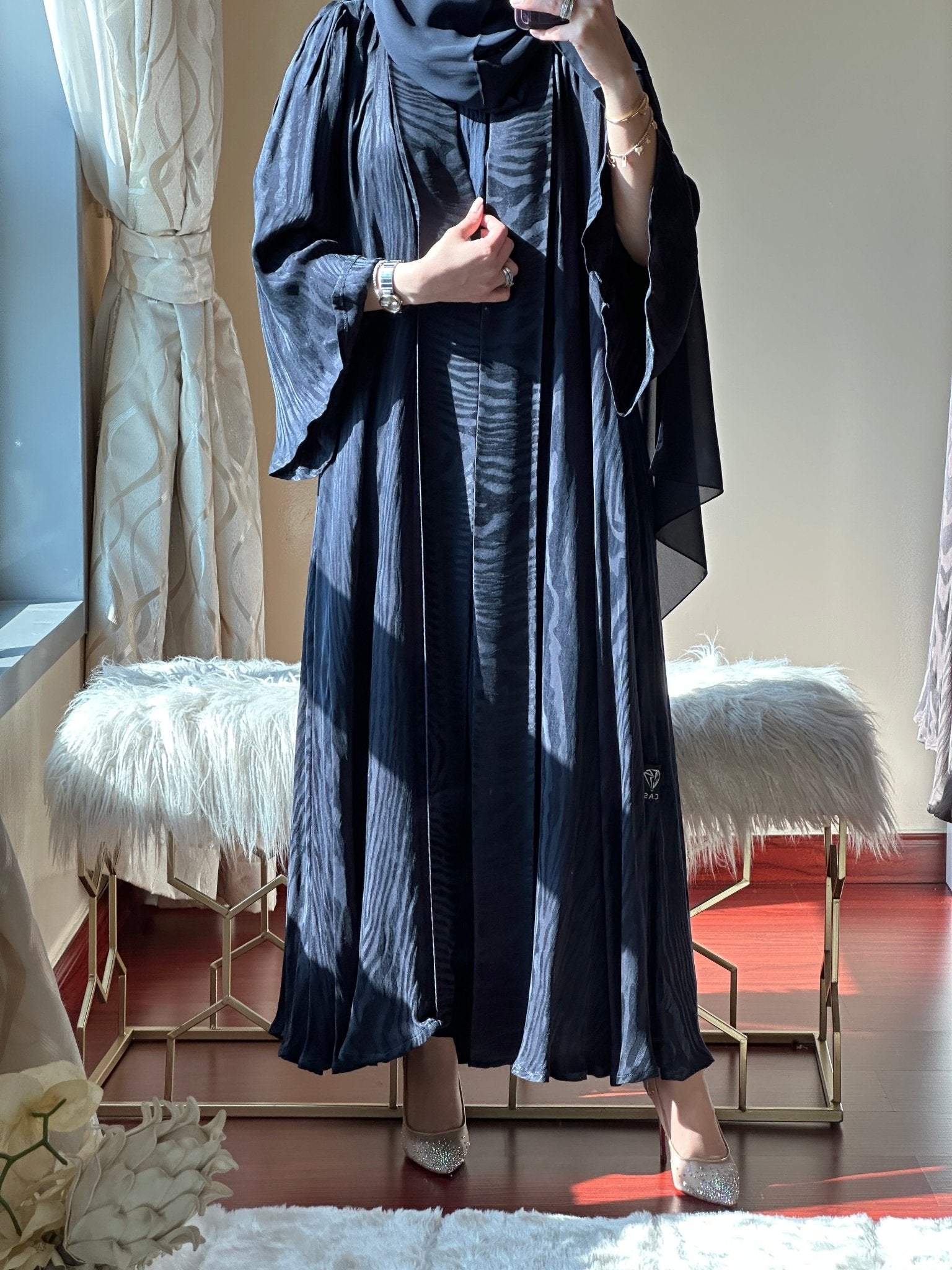 C - Printed Blue Jacquard Abaya Set