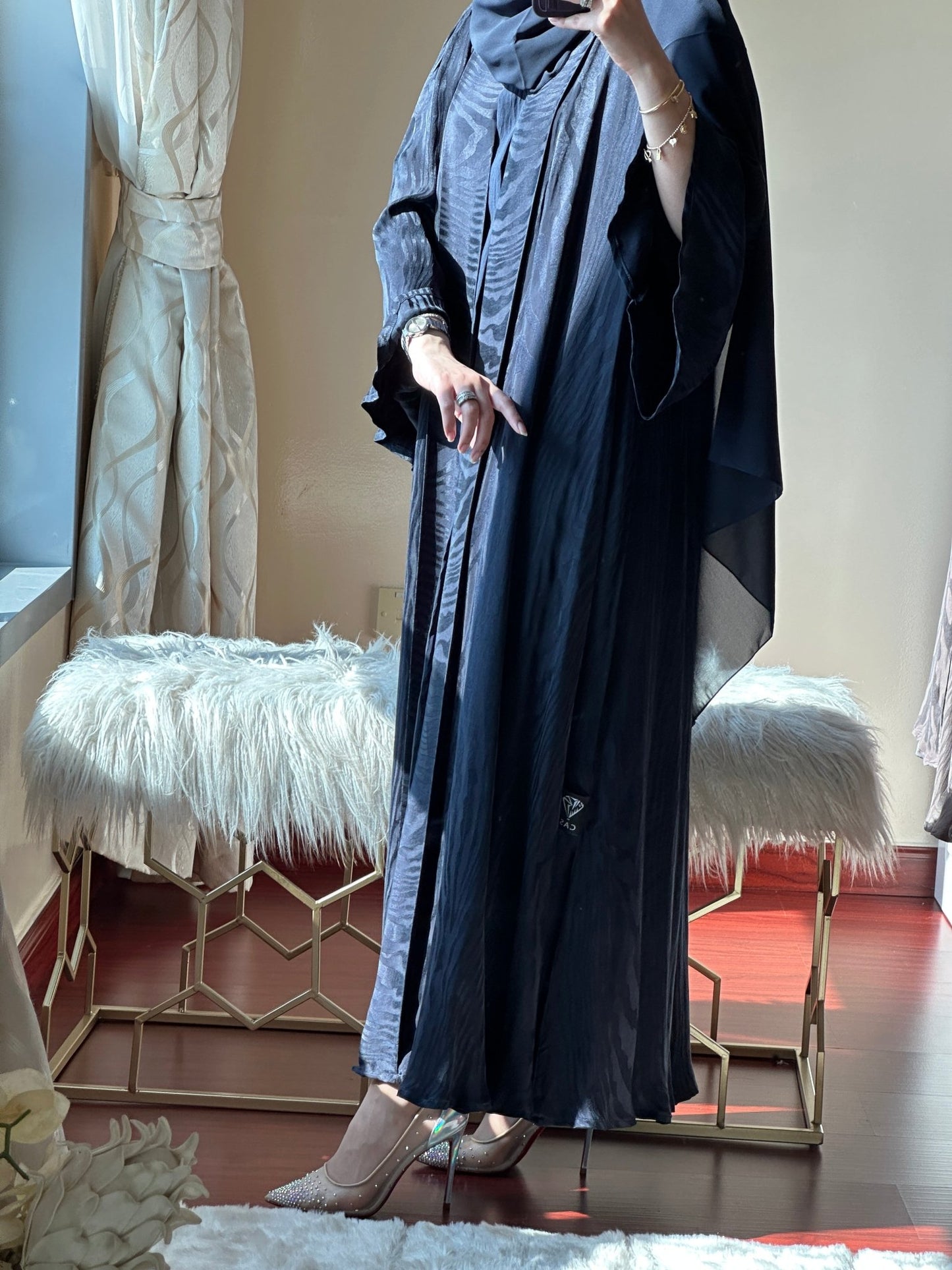 C - Printed Blue Jacquard Abaya Set