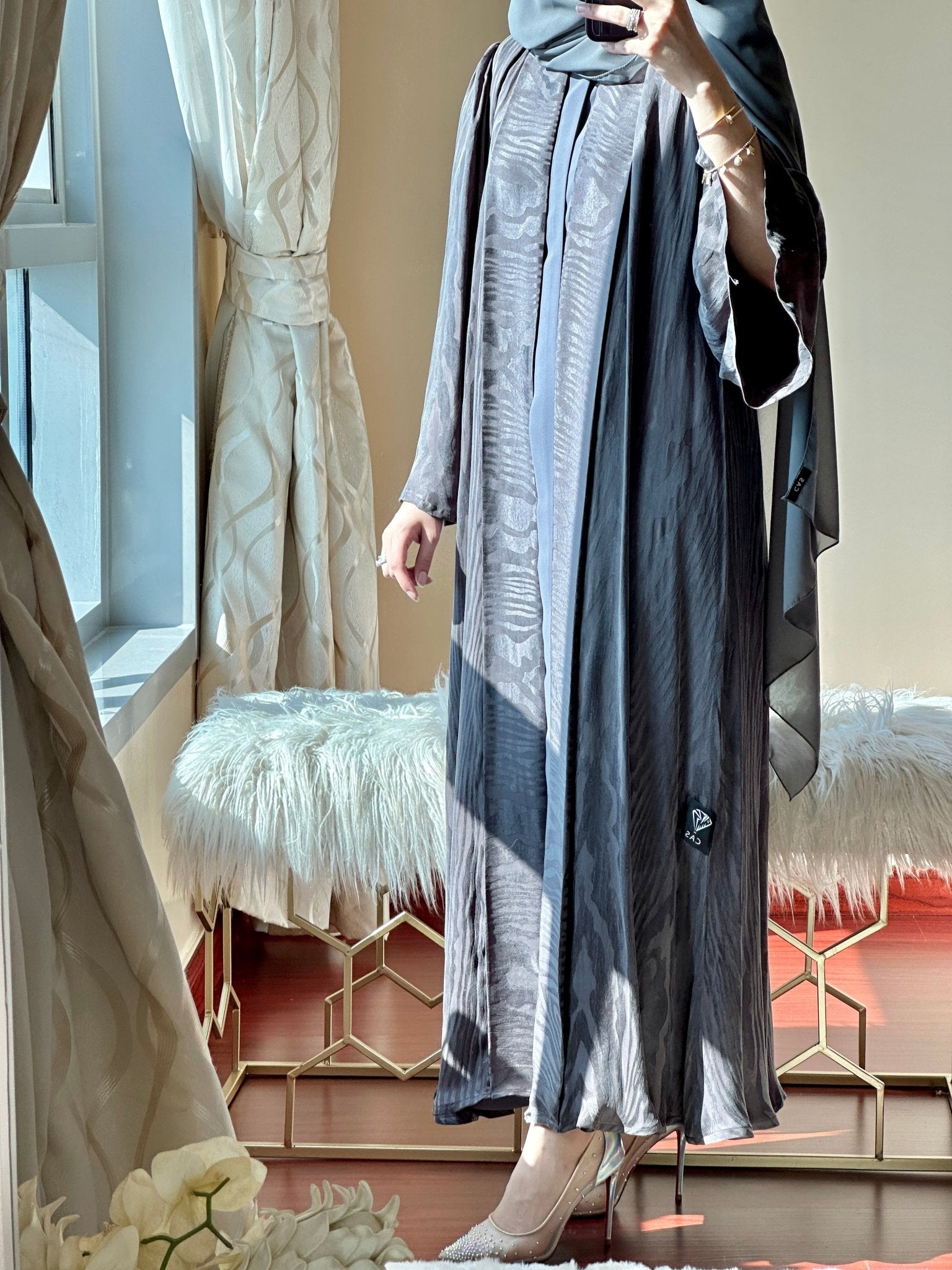 C - Printed Grey Jacquard Abaya Set