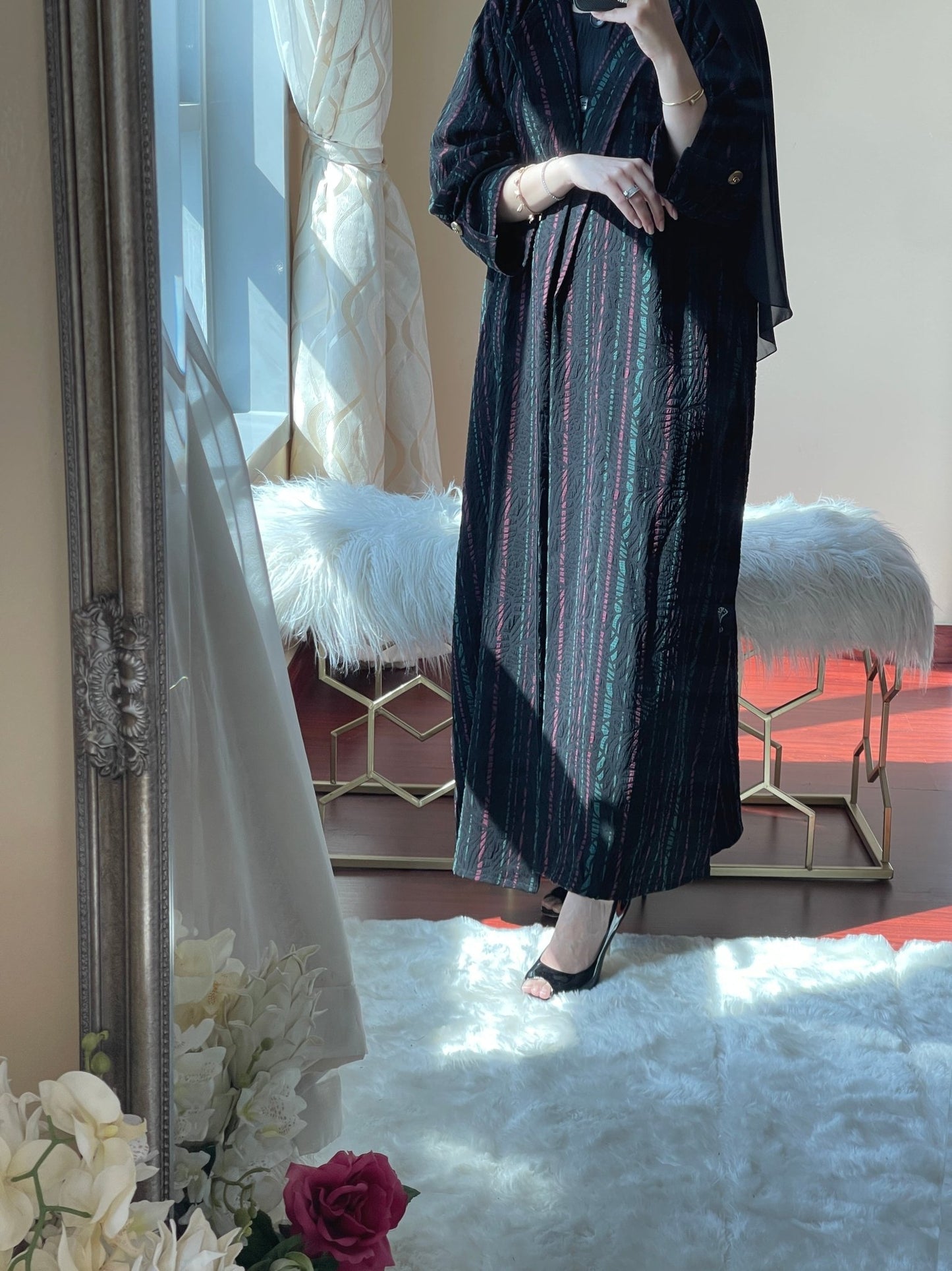 C - Red - Green - Striped - Abaya - Set