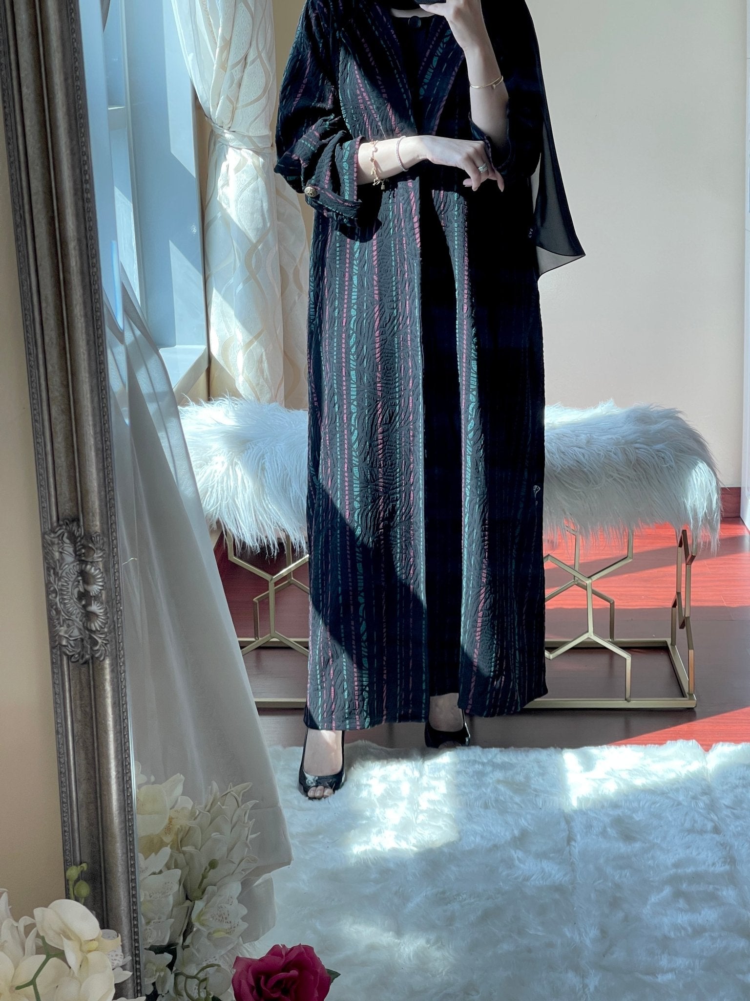 C - Red - Green - Striped - Abaya - Set