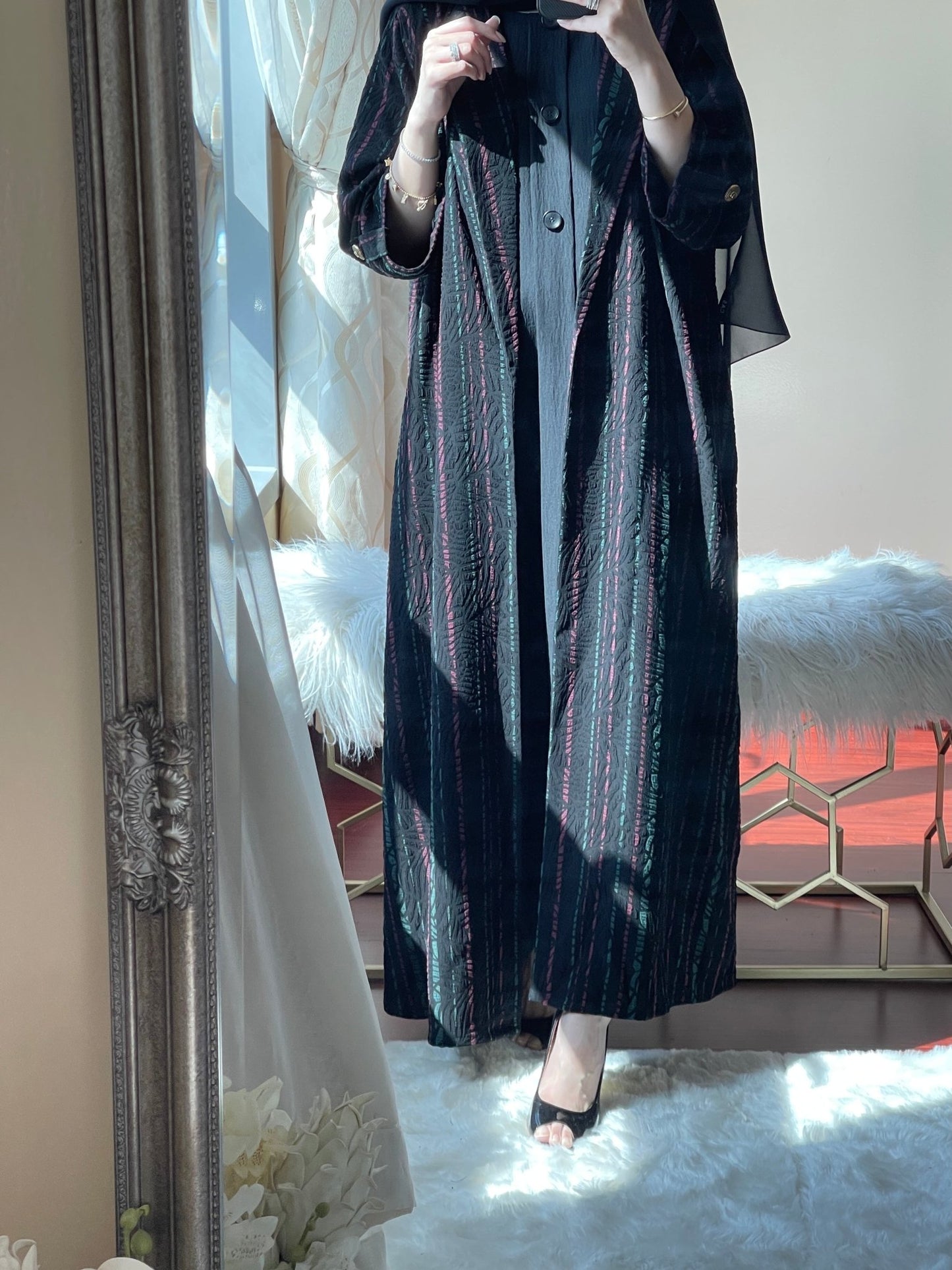 C - Red - Green - Striped - Abaya - Set