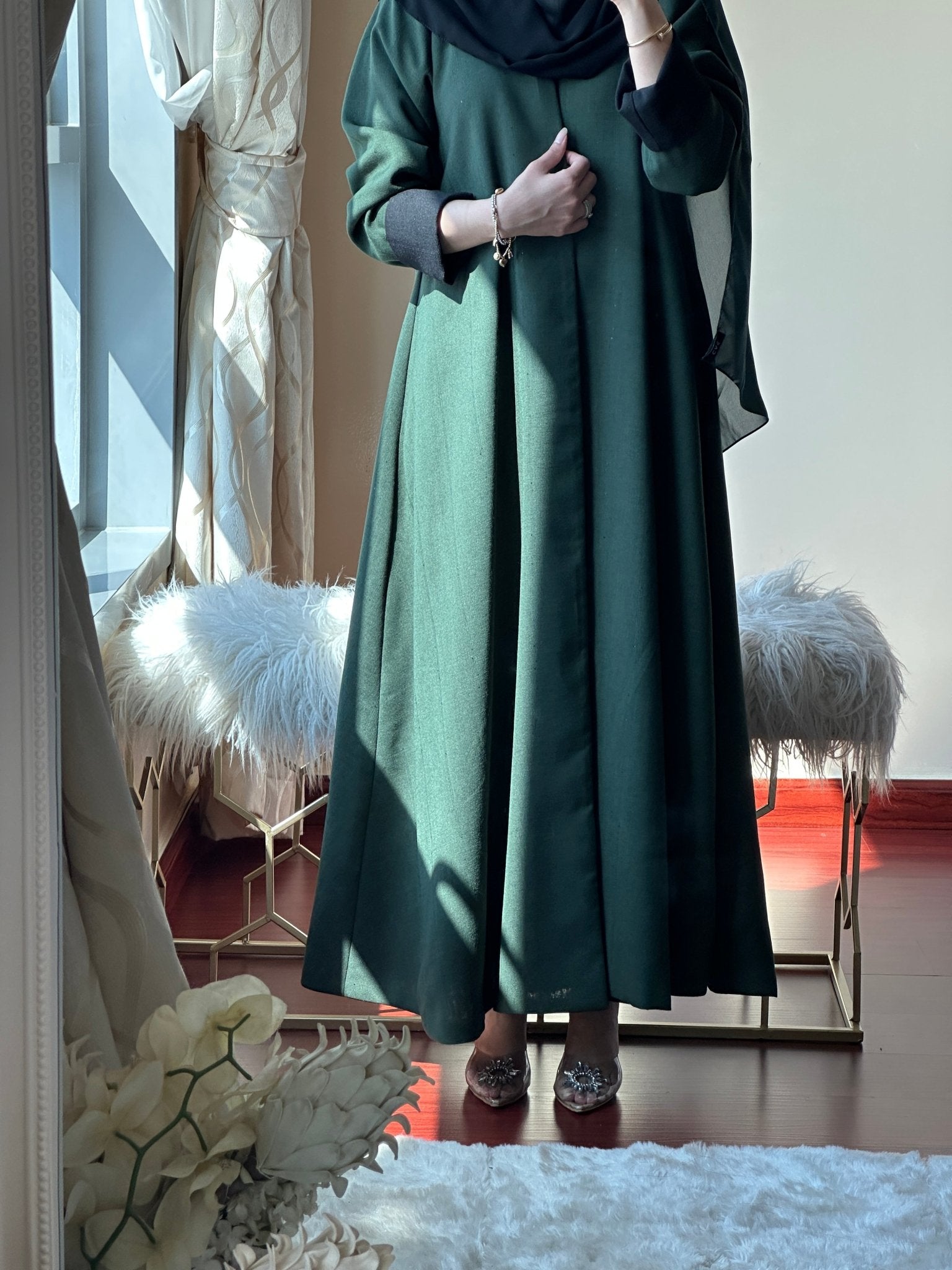 C - Reversible - Black - Green - Linen - Abaya