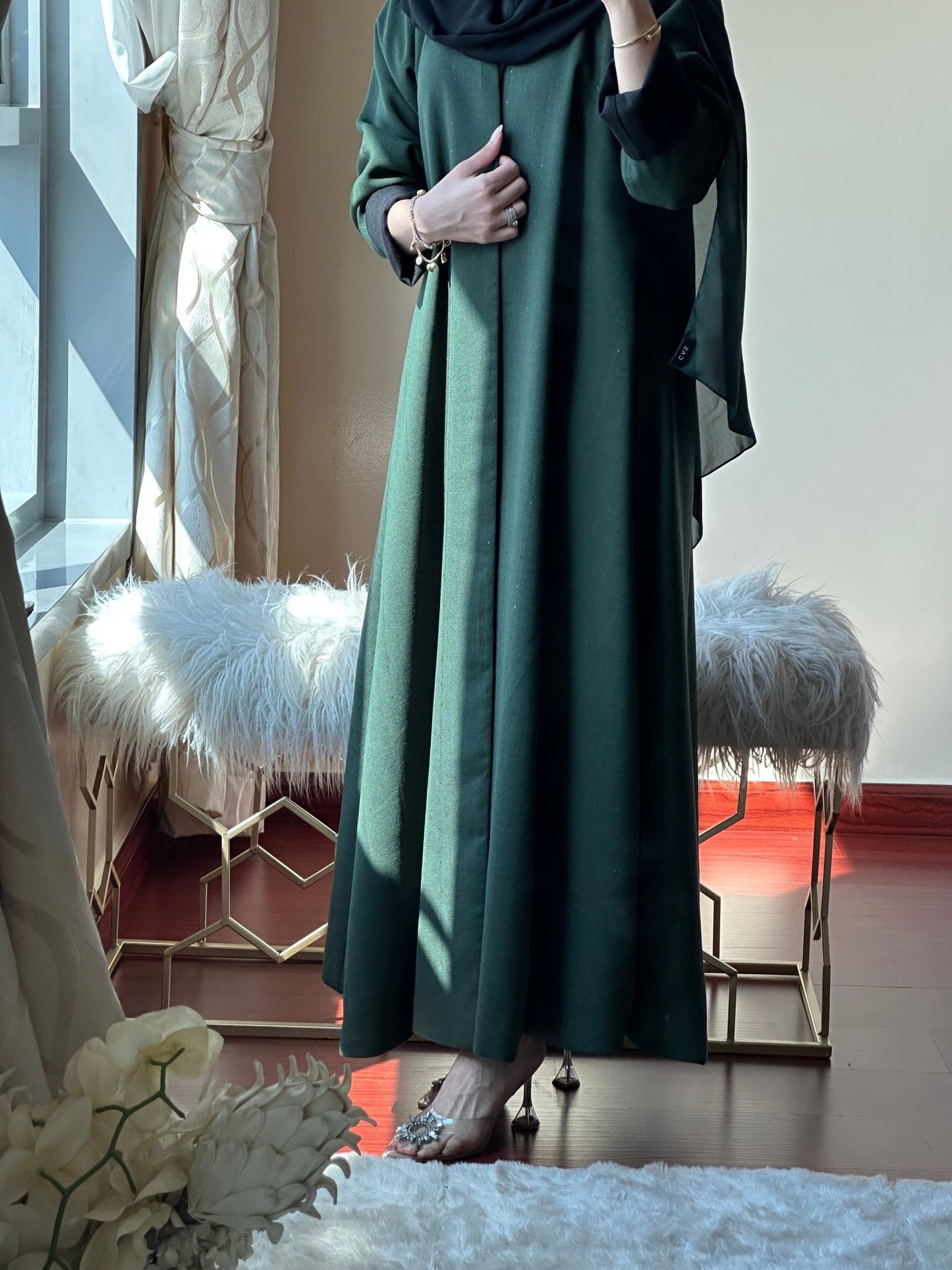 C - Reversible - Black - Green - Linen - Abaya