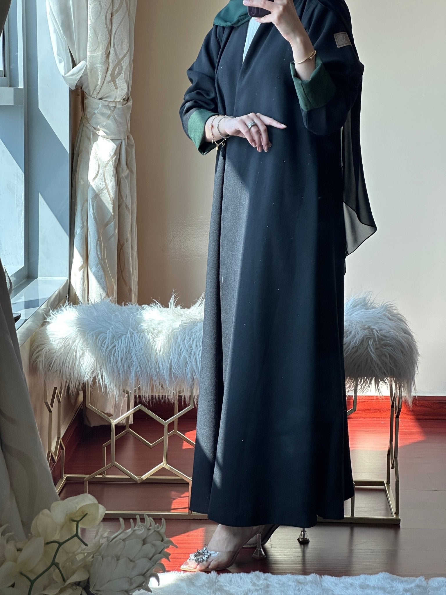 C - Reversible - Black - Green - Linen - Abaya