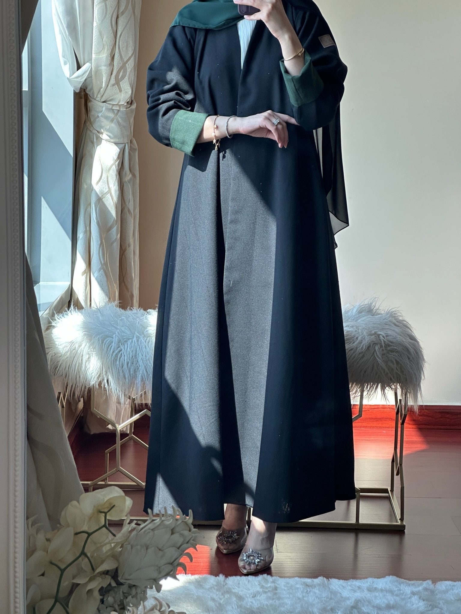 C - Reversible - Black - Green - Linen - Abaya