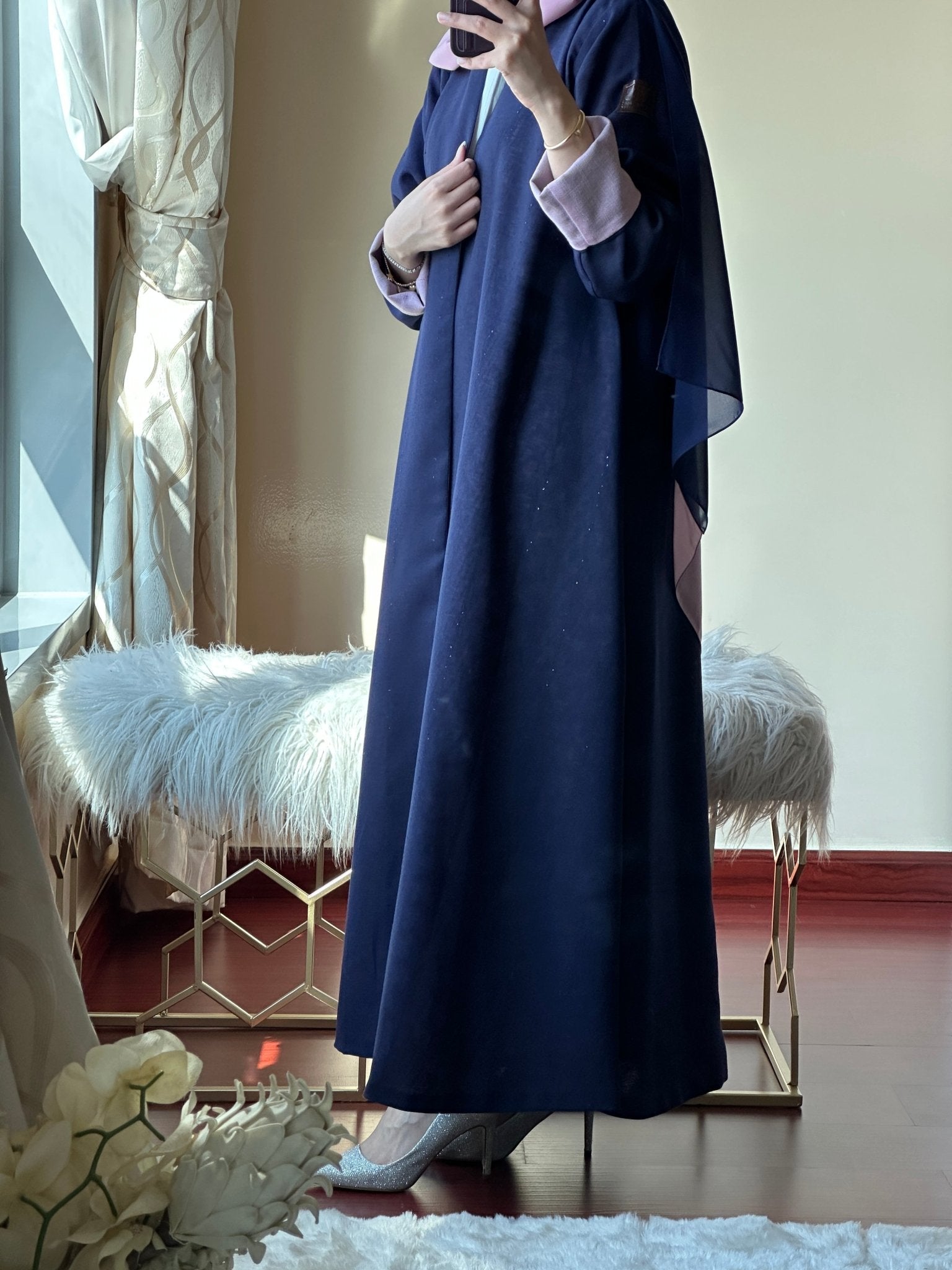 C - Reversible - Navy - Blue - Pink - Linen - Abaya