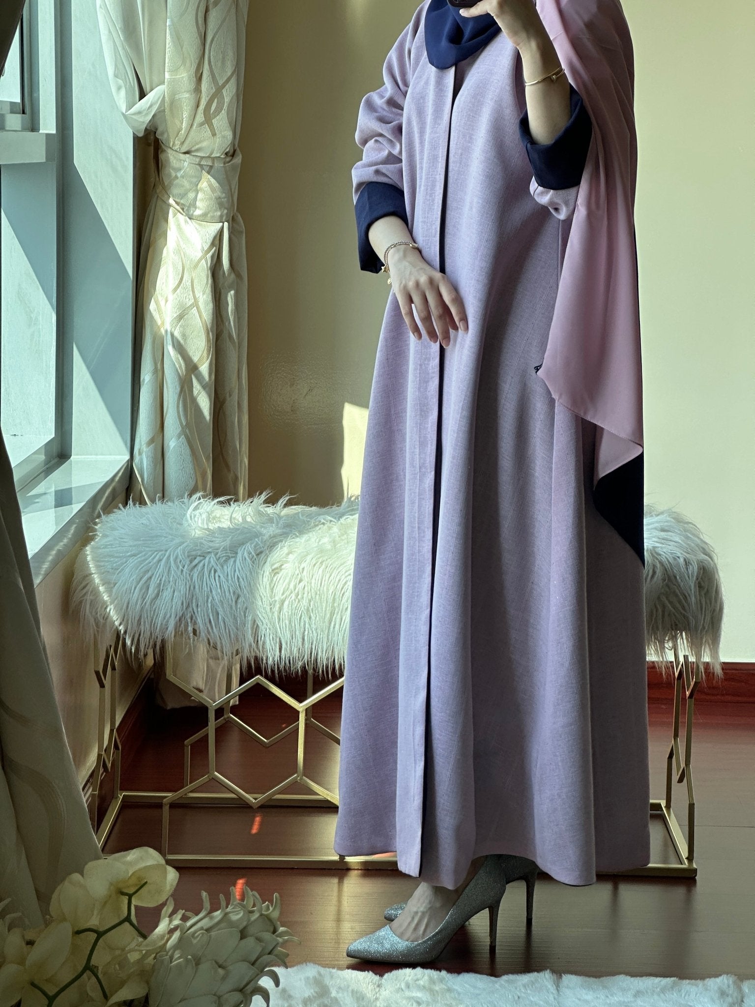 C - Reversible - Navy - Blue - Pink - Linen - Abaya