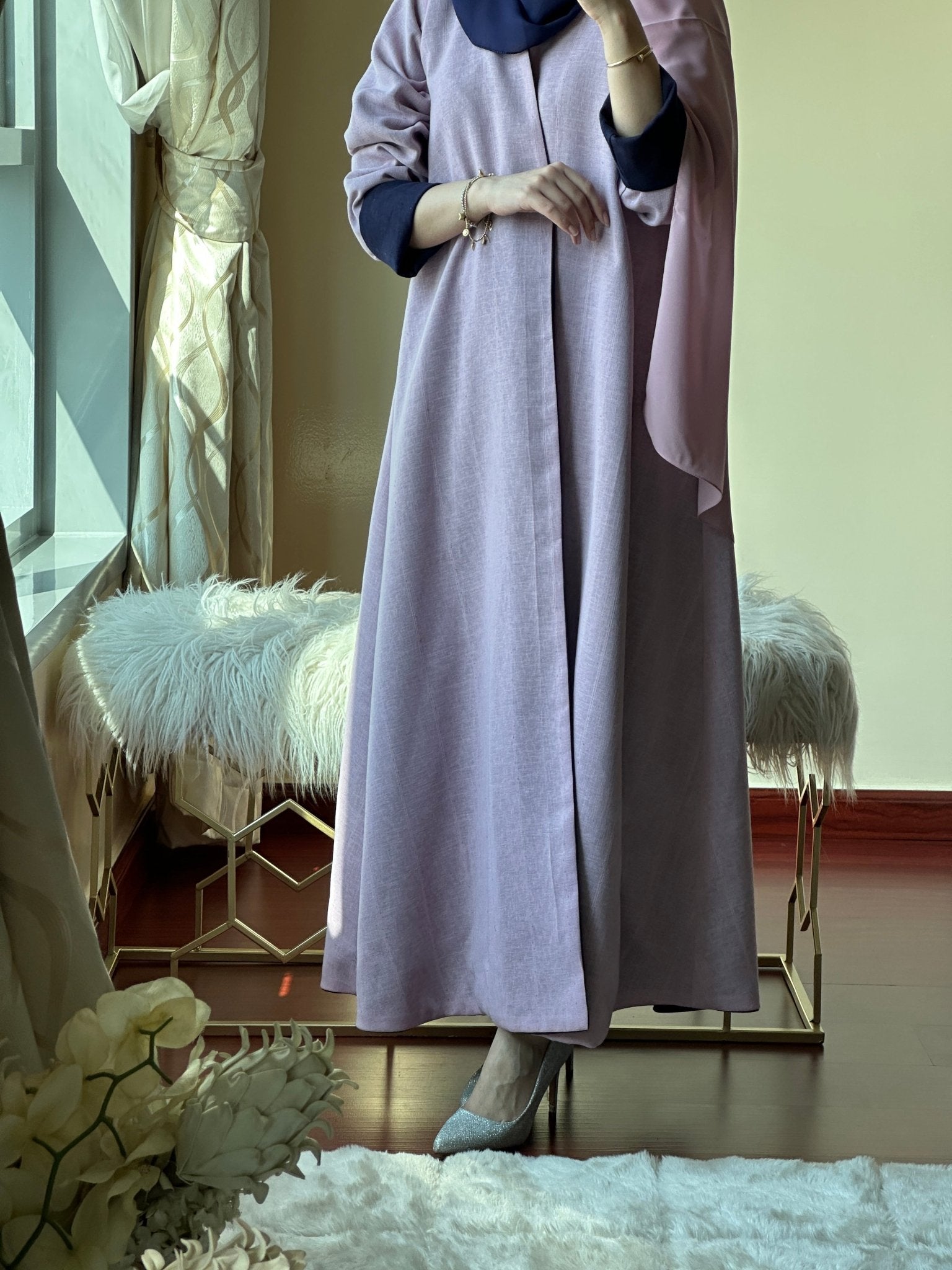 C - Reversible - Navy - Blue - Pink - Linen - Abaya