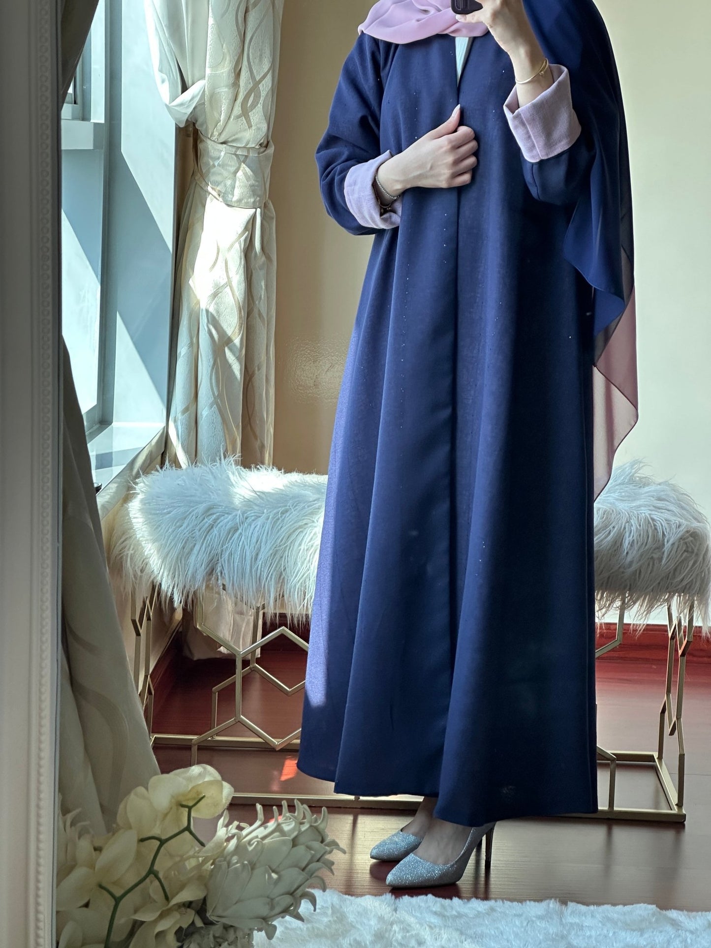 C - Reversible - Navy - Blue - Pink - Linen - Abaya