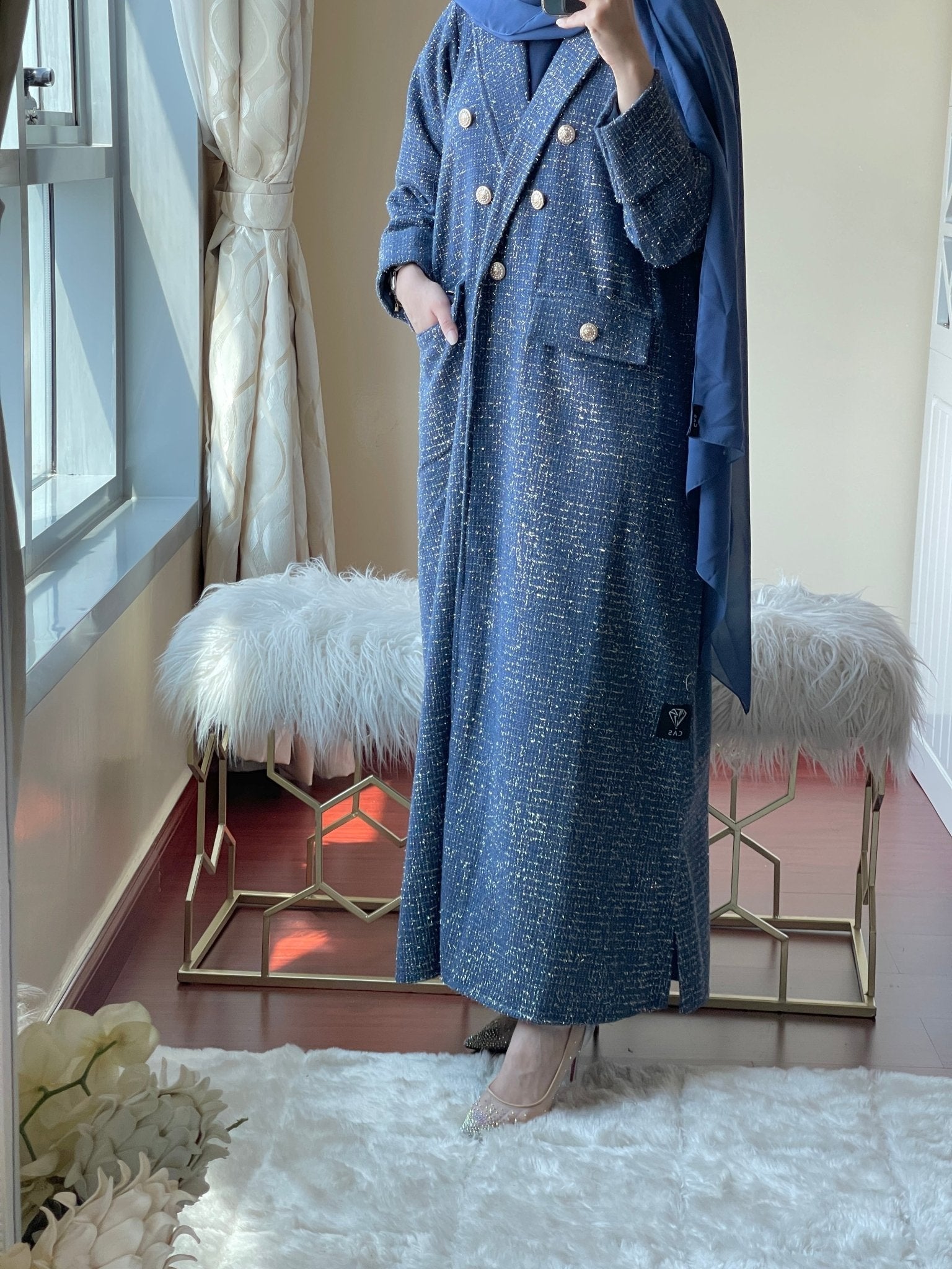 C - Royal - Blue - Tweed - Abaya - Set - 2023