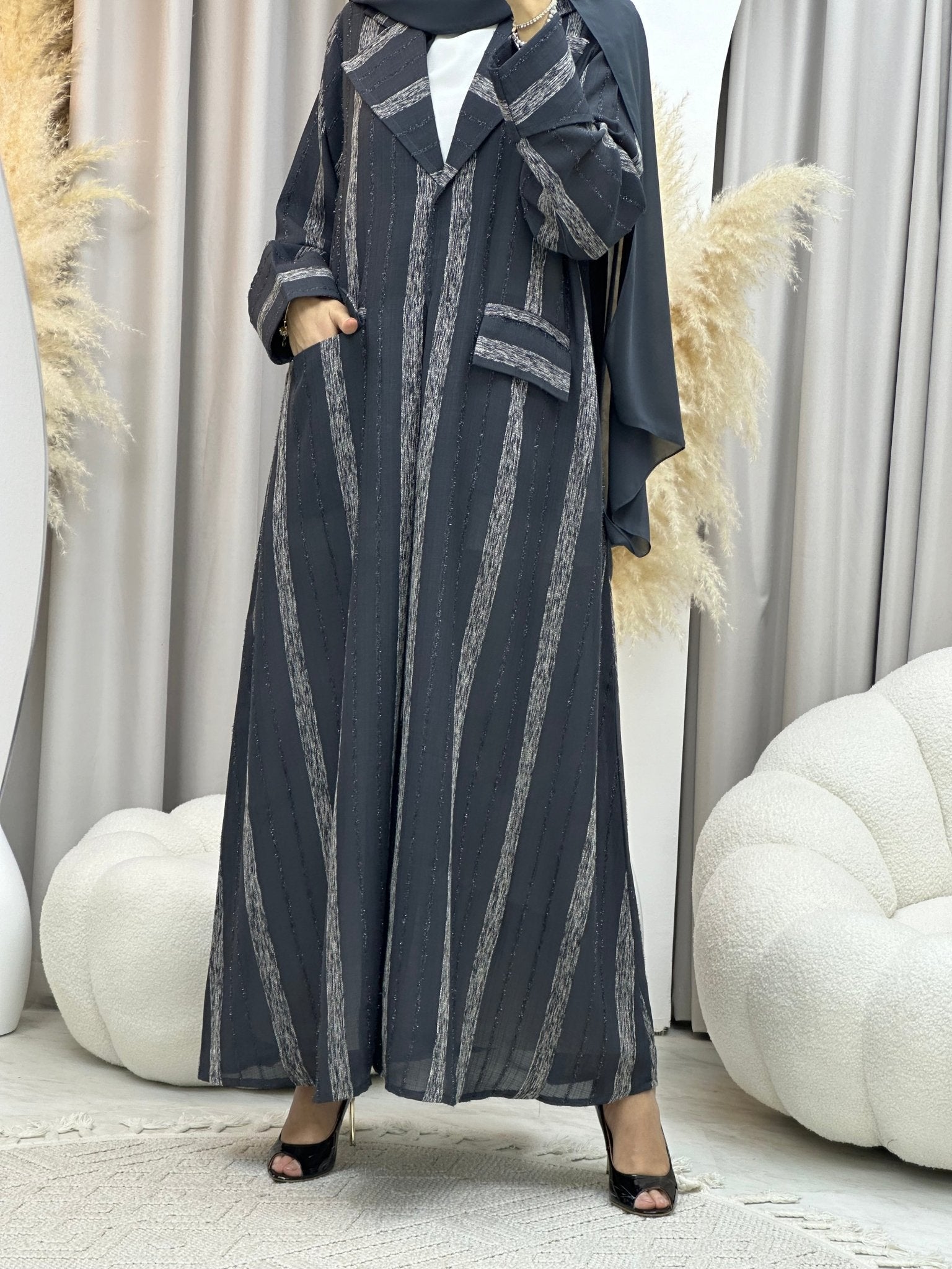 C RTW 0002 - 03 Grey Striped Coat Eid Abaya