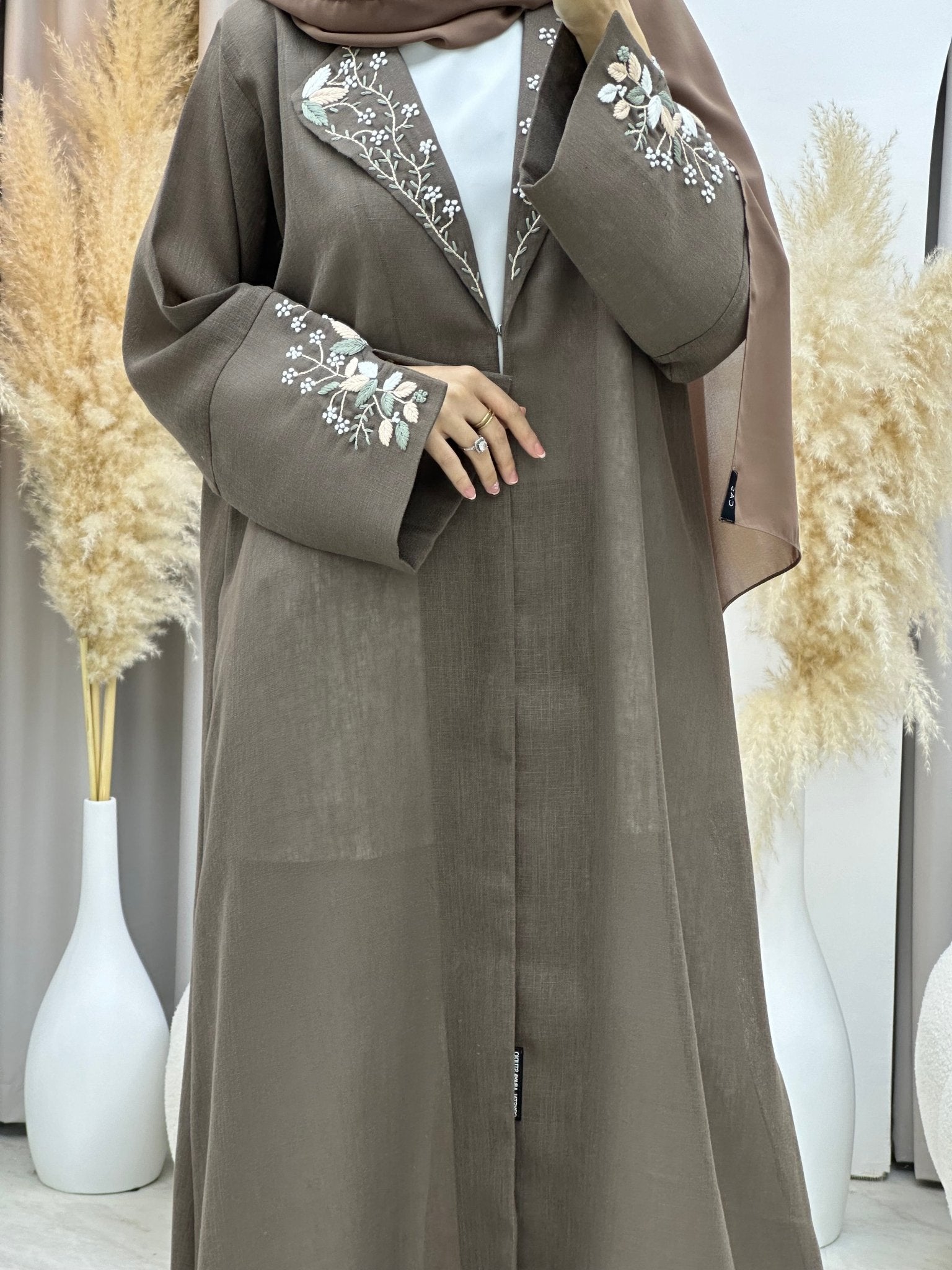 C RTW 0009 Brown Floral Embroidery Eid Abaya