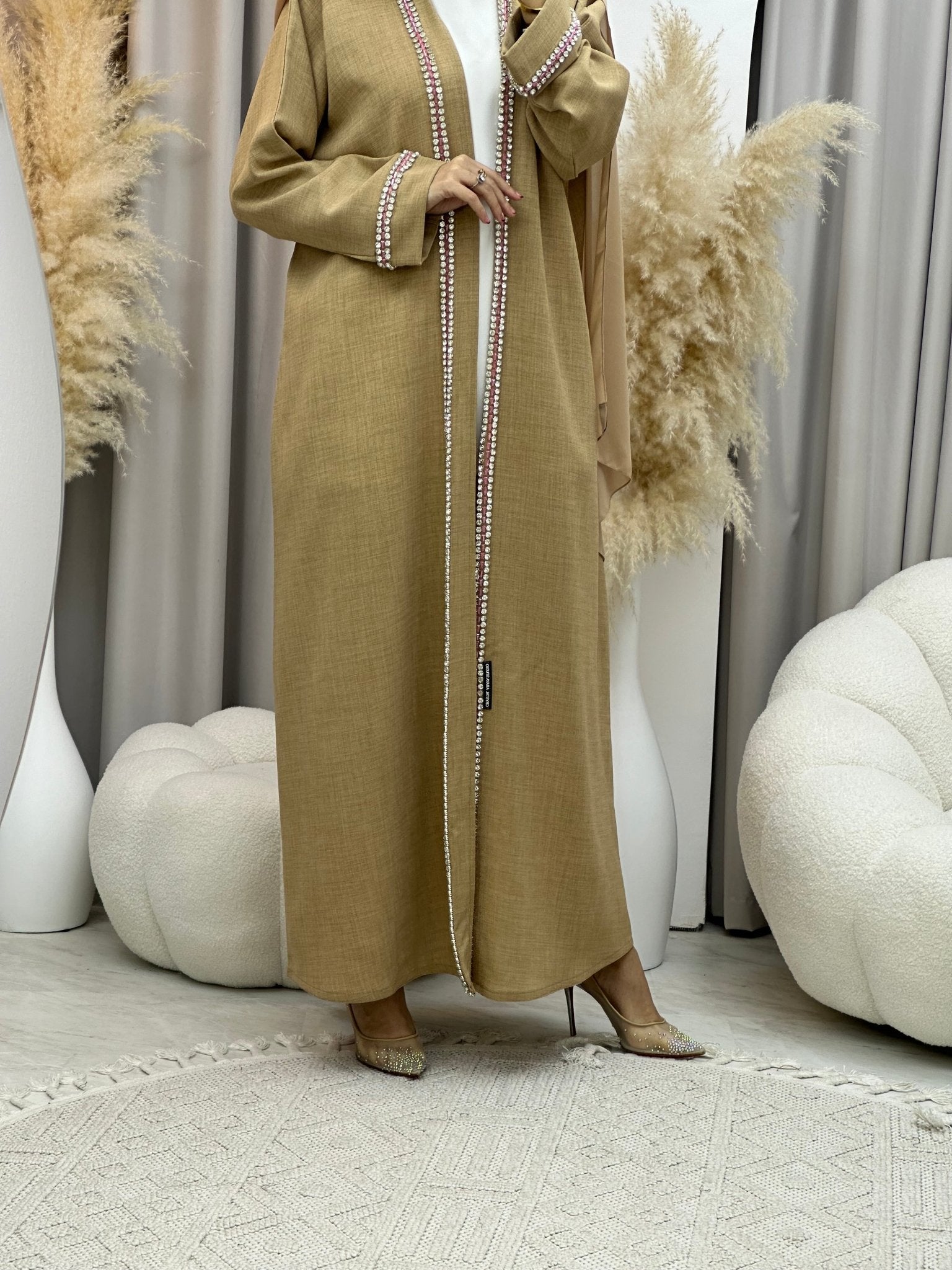 C RTW 0010 Crystal Bisht Beige Eid Abaya