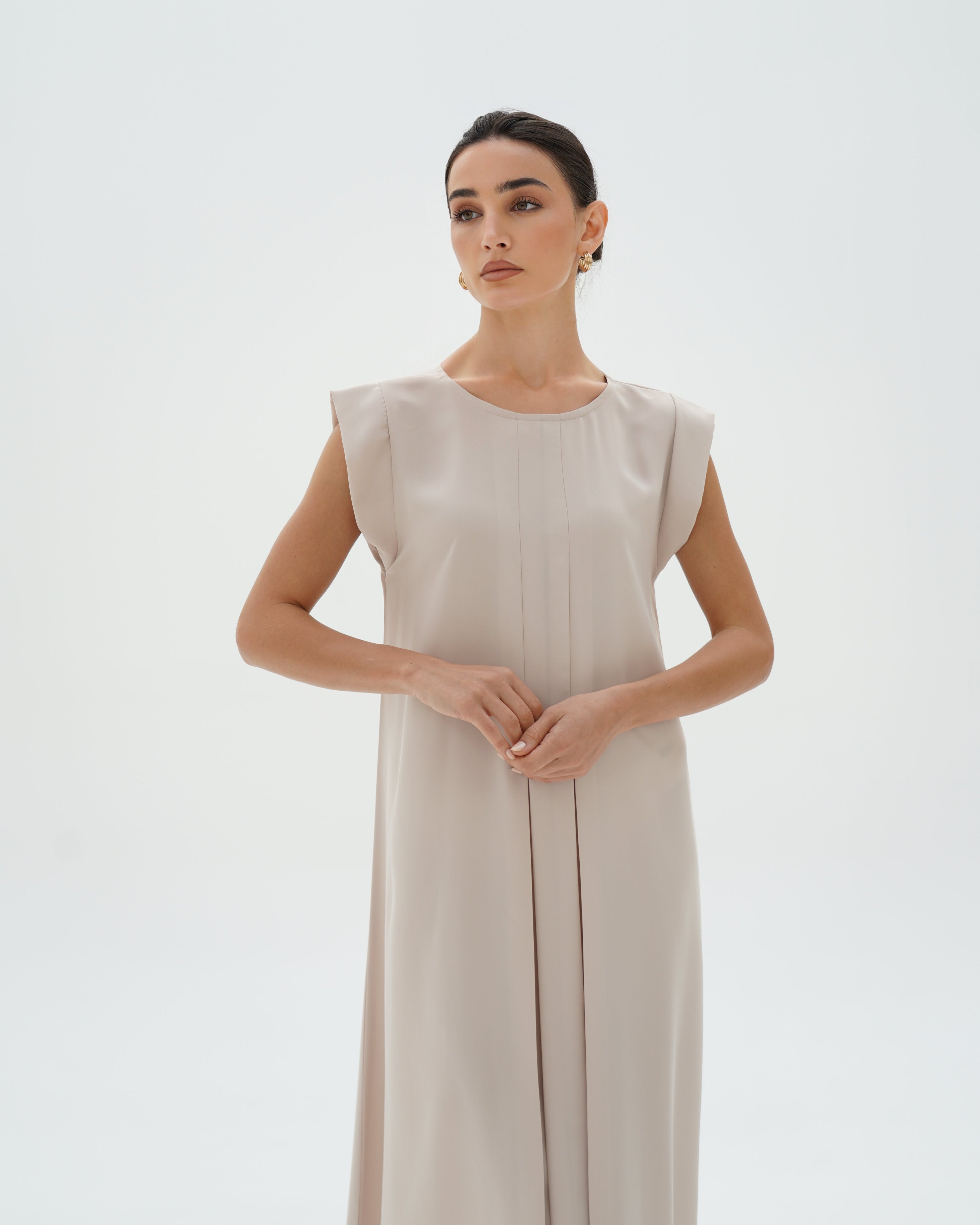 C RTW 006-01 Premium Ivory Pleated Under Abaya Dress